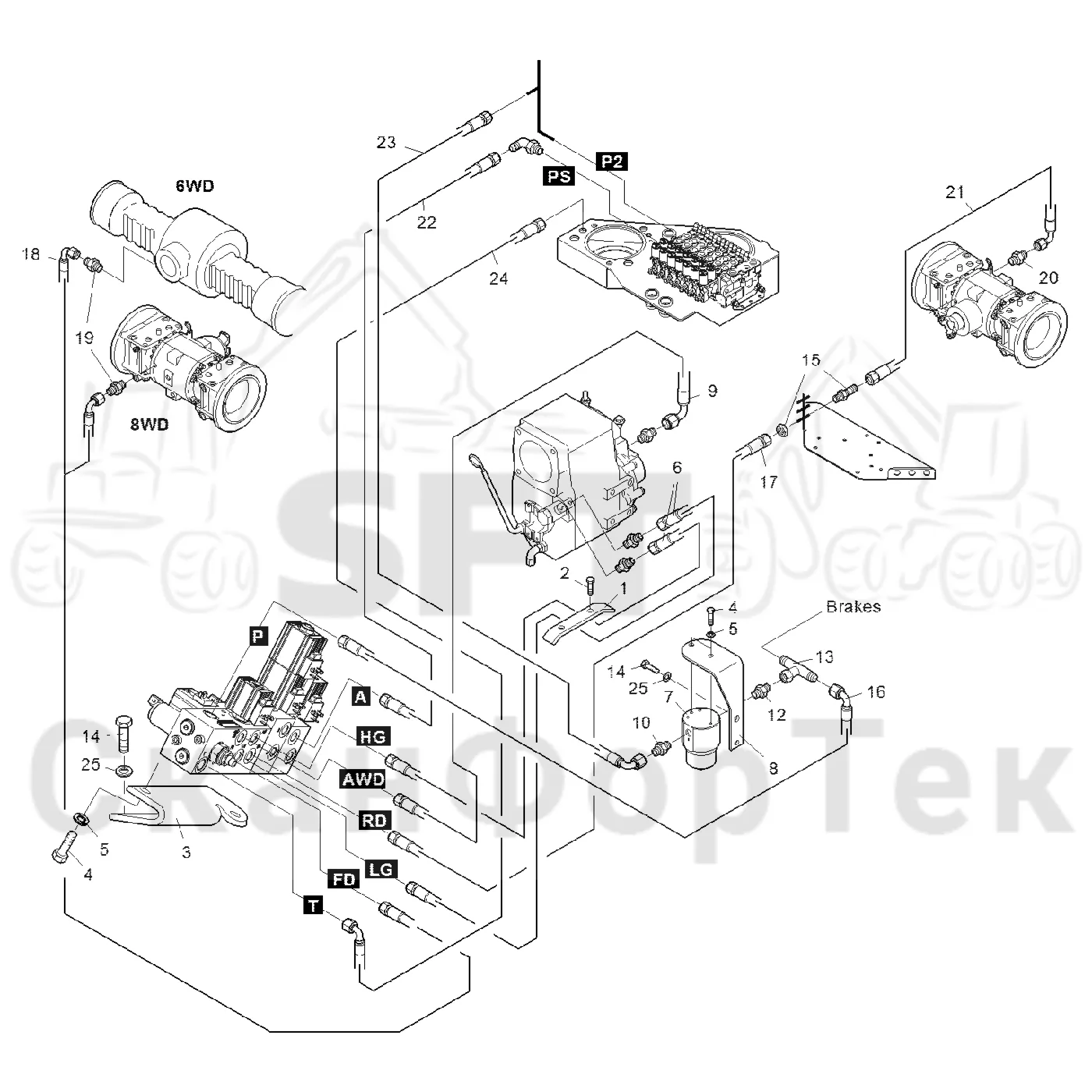 Схема: Komatsu / Форвардер / 840TX / Каталог запасных частей / Гидравлика / Клапан обслуживания / Клапан обслуживания / Клапан обслуживания 8401000531-