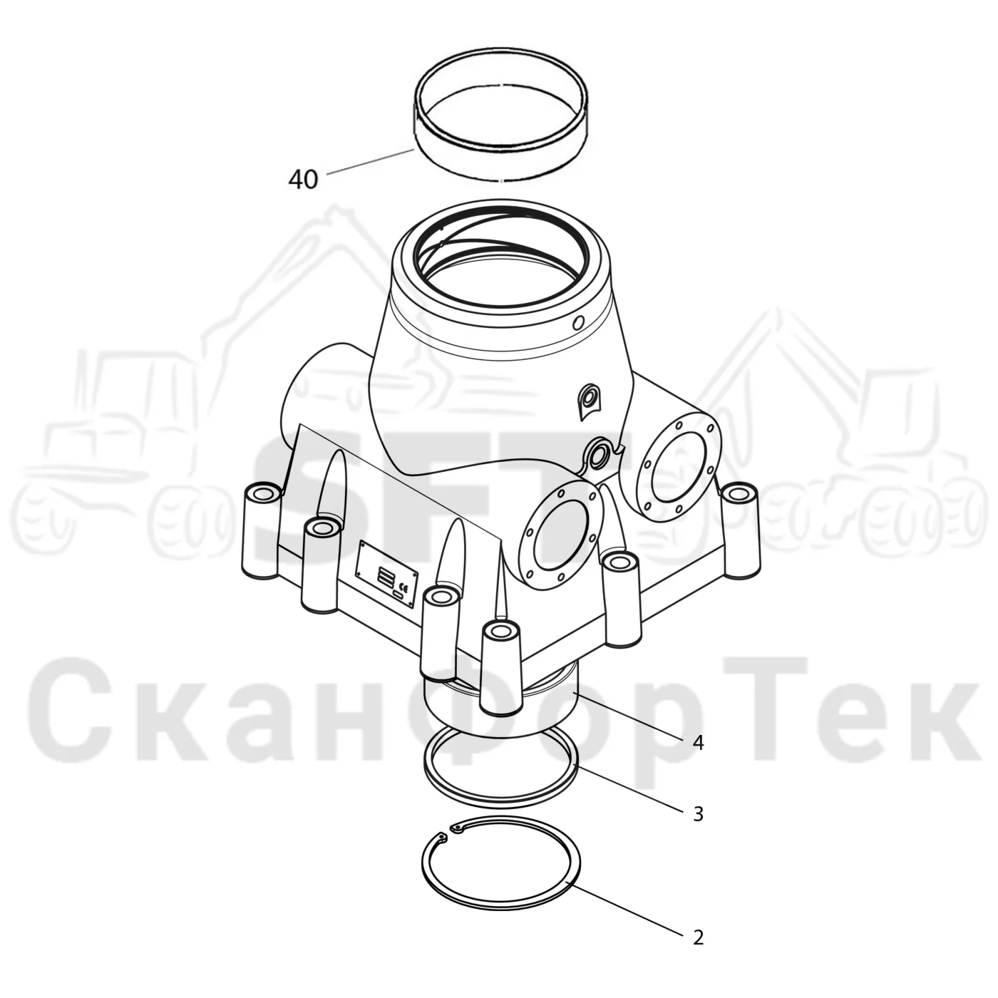 Схема: Komatsu / Форвардер / 840TX / Каталог запасных частей / Подъемный кран / Базовая система / Система поворотного механизма 8401000801- / Корпус