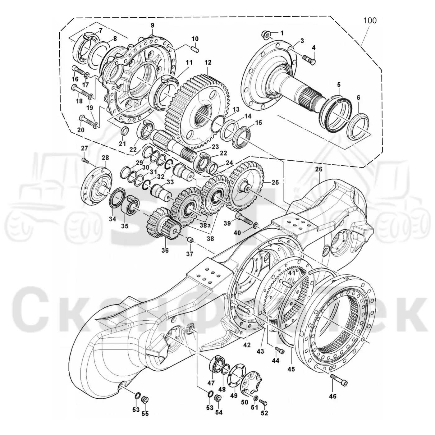 Схема: Valmet / Форвардер / Valmet 860.4 / Valmet 860.4 / Каталог запасных частей / Коробка передач / Мост каретки / каретки / Корпус каретки