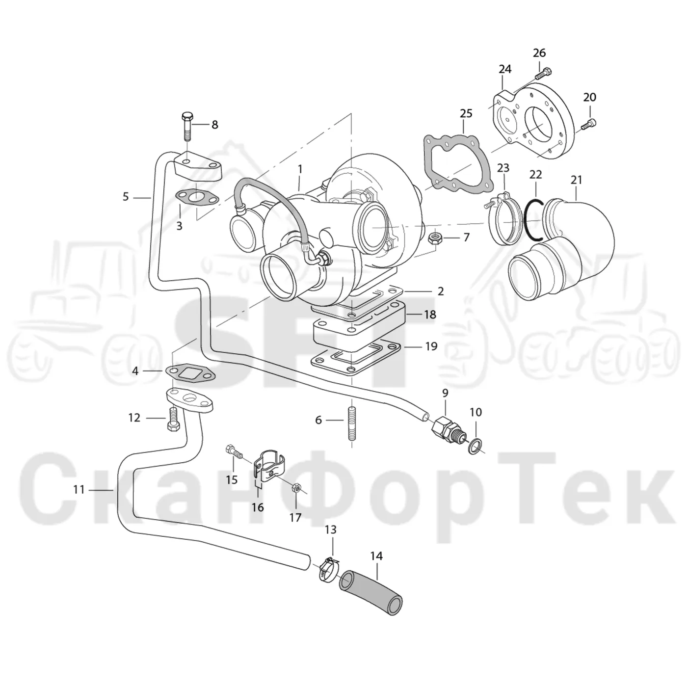 Схема: Komatsu / Форвардер / 855 / Каталог запасных частей / Двигатель / Stage 2 / TIER 2 / Впуск - выпуск / Трубопроводы к турбоагрегату