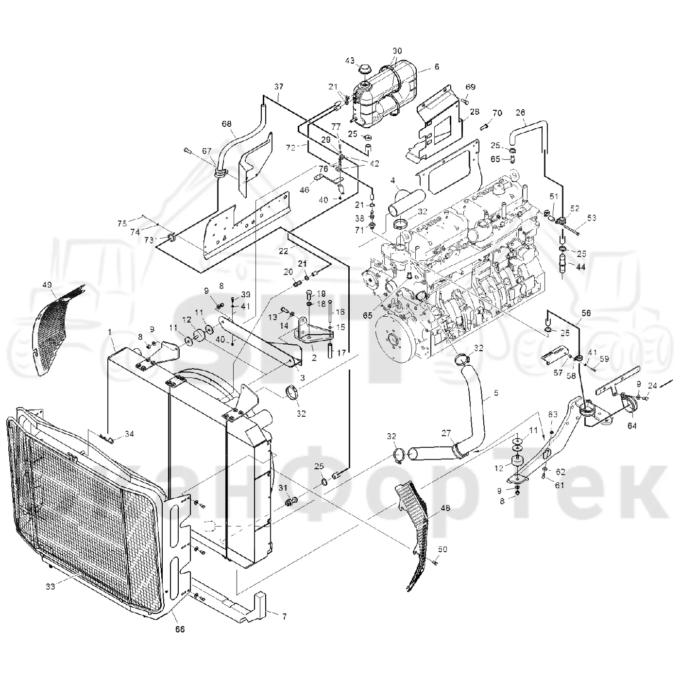 Схема: Komatsu / Форвардер / 855.1 / 855.1 / Каталог запасных частей / Двигатель / Stage 3 B/TIER 4 Interim / Система охлаждения / Система охлаждения двигателя