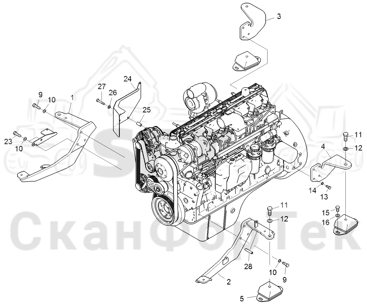 Схема: Komatsu / Форвардер / 855 / Каталог запасных частей / Двигатель / Stage 3 B/TIER 4 Interim / Установка двигателя / Установка двигателя