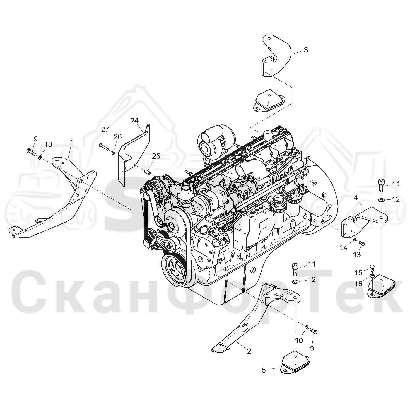 Схема: Komatsu / Форвардер / 855 / Каталог запасных частей / Двигатель / Stage 3 B/TIER 4 Interim / Установка двигателя / Установка двигателя 8550000321-