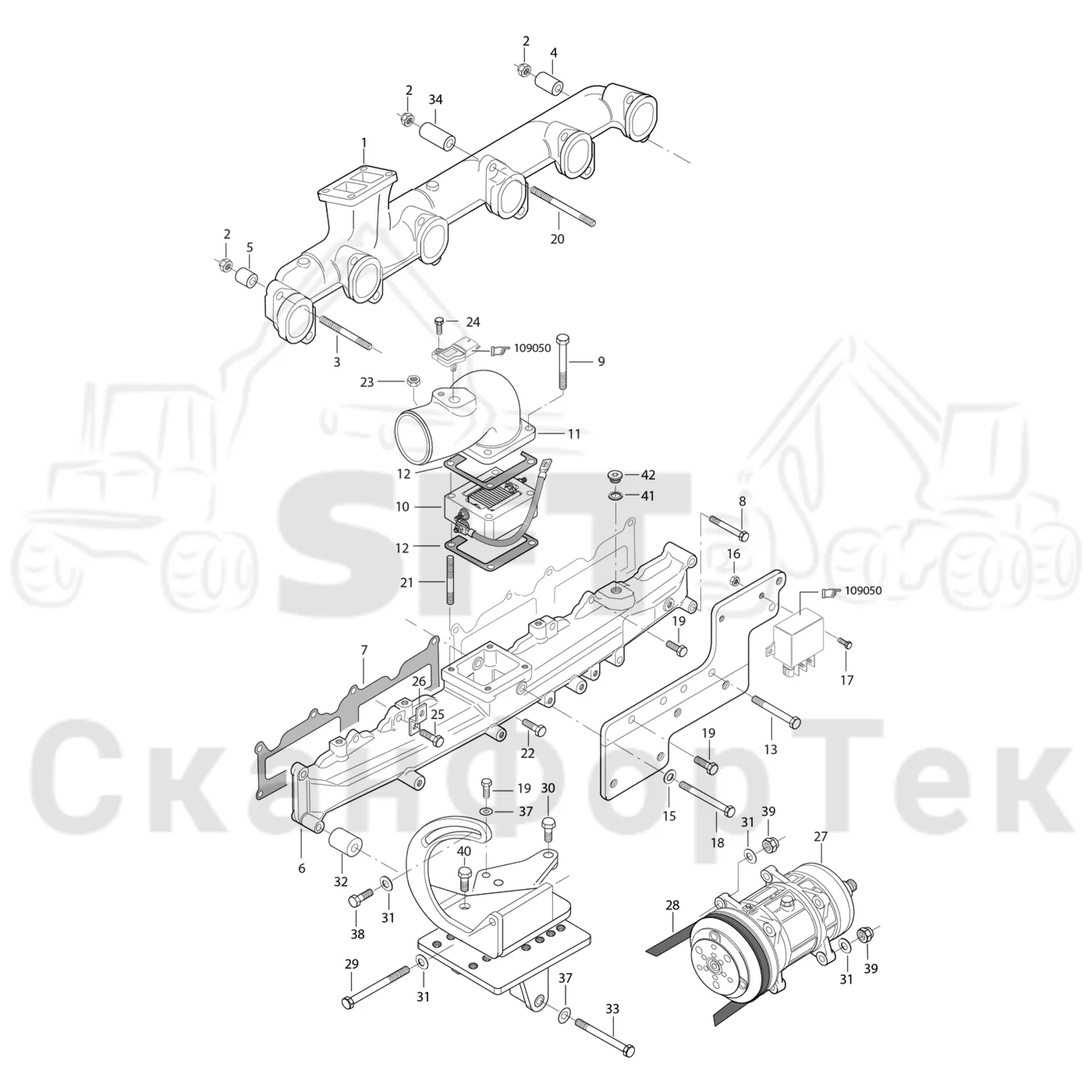 Схема: Komatsu / Форвардер / 855.1 / 855.1 / Каталог запасных частей / Двигатель / Stage 2 / TIER 2 / Впуск - выпуск / Впускной и выпускной коллектор
