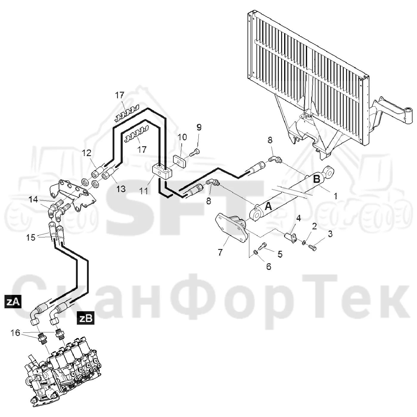 Схема: Komatsu / Форвардер / 865 / Каталог запасных частей / шасси / Зона погрузки / Gate hydraulic movable / Gate movable hydraulics