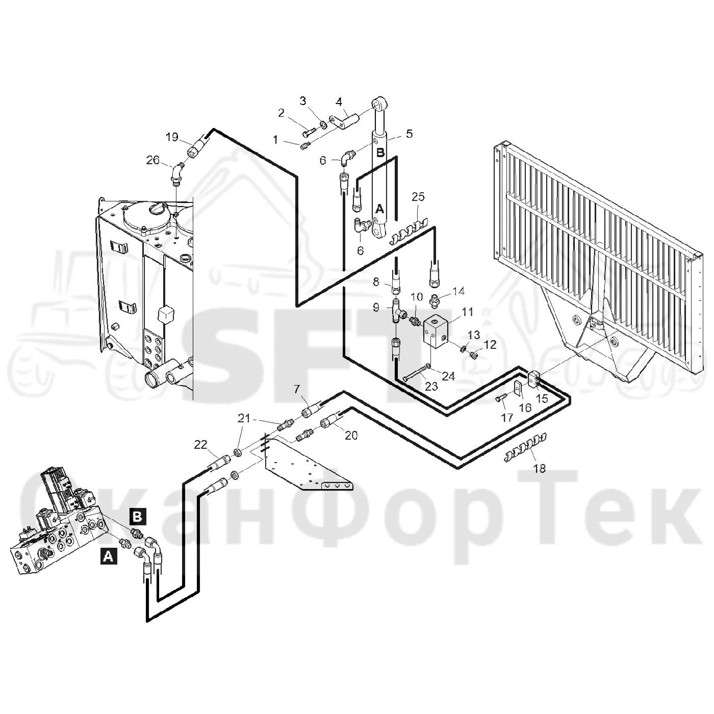 Схема: Komatsu / Форвардер / 855.1 / 855.1 / Каталог запасных частей / шасси / Зона погрузки / Gate upper part / Gate upper part