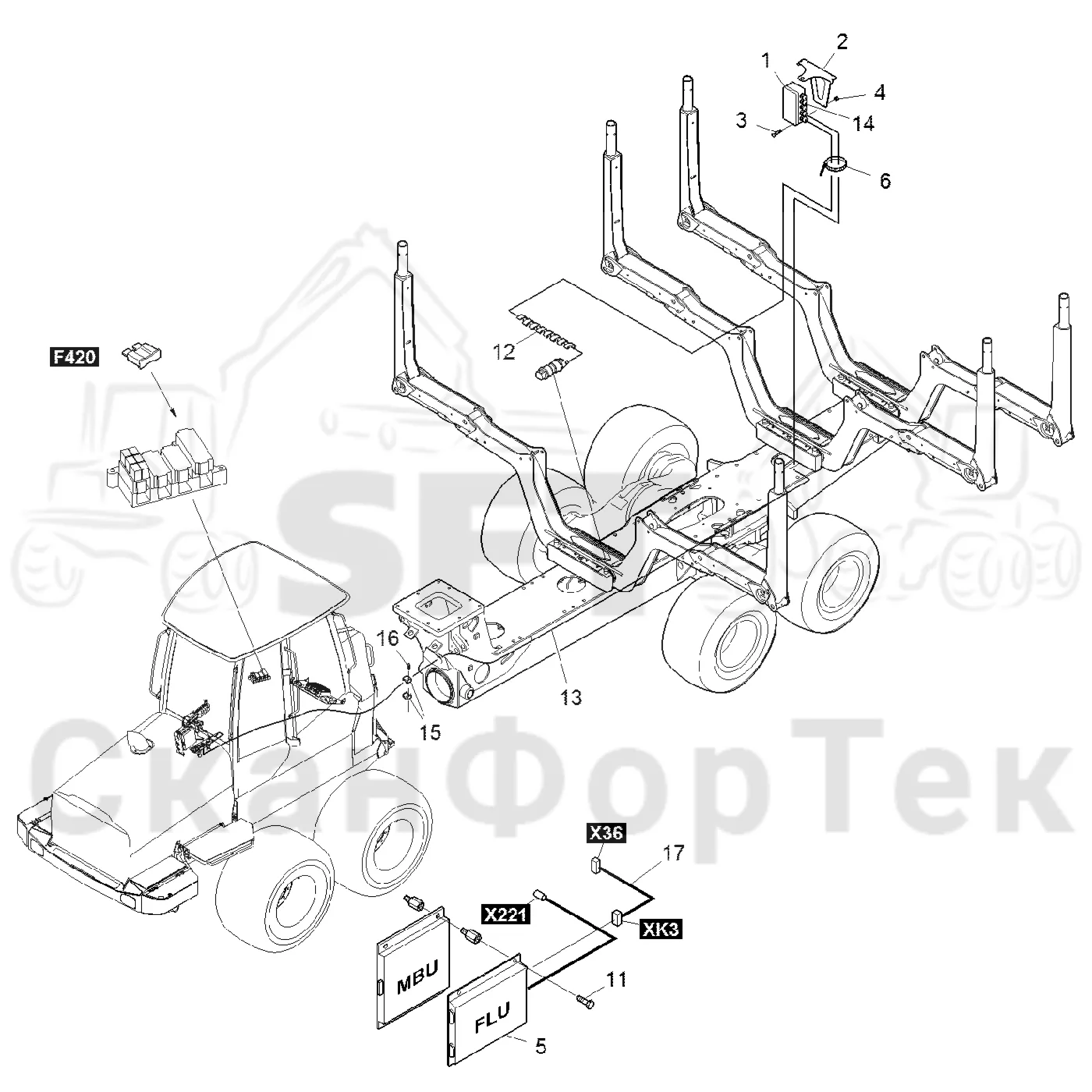 Схема: Komatsu / Форвардер / 855.1 / 855.1 / Каталог запасных частей / шасси / Зона погрузки / Взвешивающее устройство / Измерительное оборудование