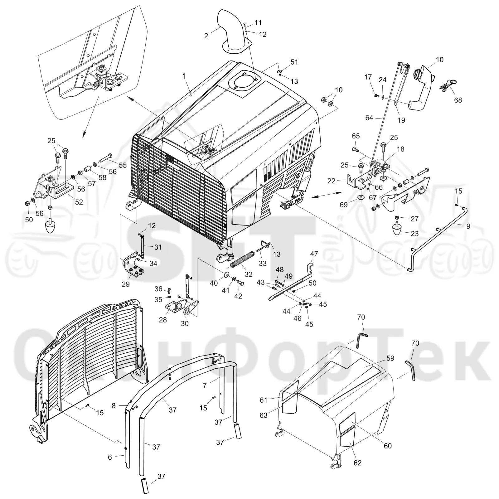 Схема: Komatsu / Форвардер / 855 / Каталог запасных частей / шасси / Капоты и крышки / Капот двигателя Крышка / Капот двигателя Крышка