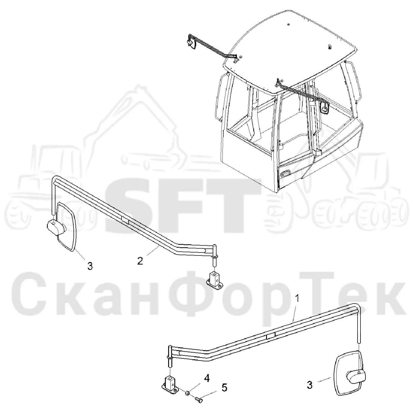 Схема: Komatsu / Форвардер / 835 / Каталог запасных частей / Кабина / Кабина / Зеркало заднего вида / Зеркало заднего вида