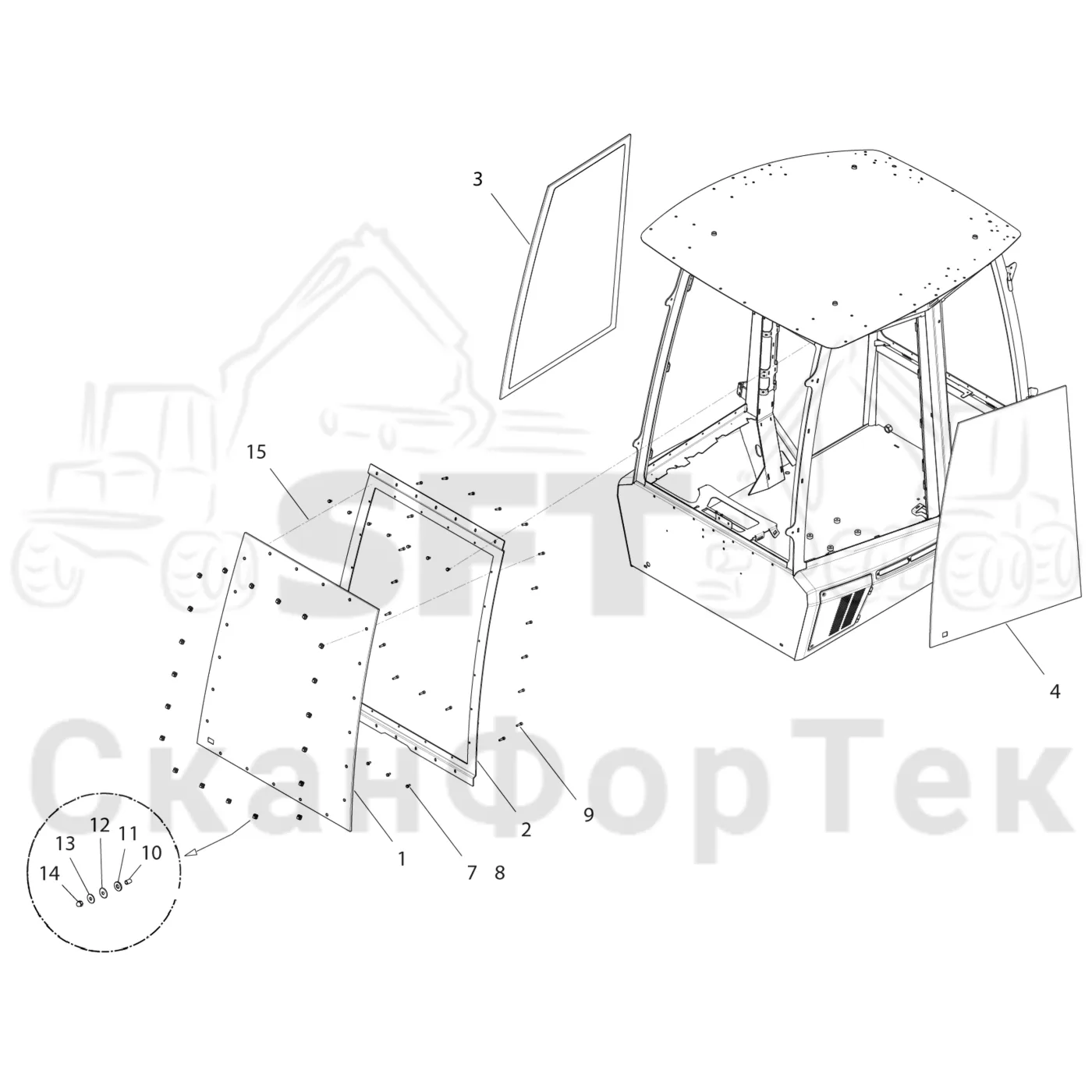 Схема: Komatsu / Форвардер / 845 / Каталог запасных частей / Кабина / Экраны / Экраны / Экраны WCB