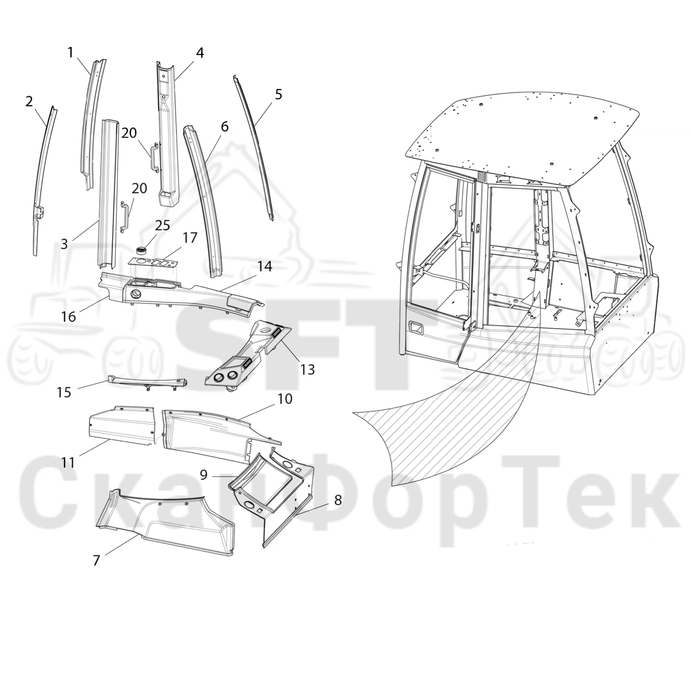 Схема: Komatsu / Форвардер / 845 / Каталог запасных частей / Кабина / Салон / Элементы монтажа панели / Элементы монтажа панели