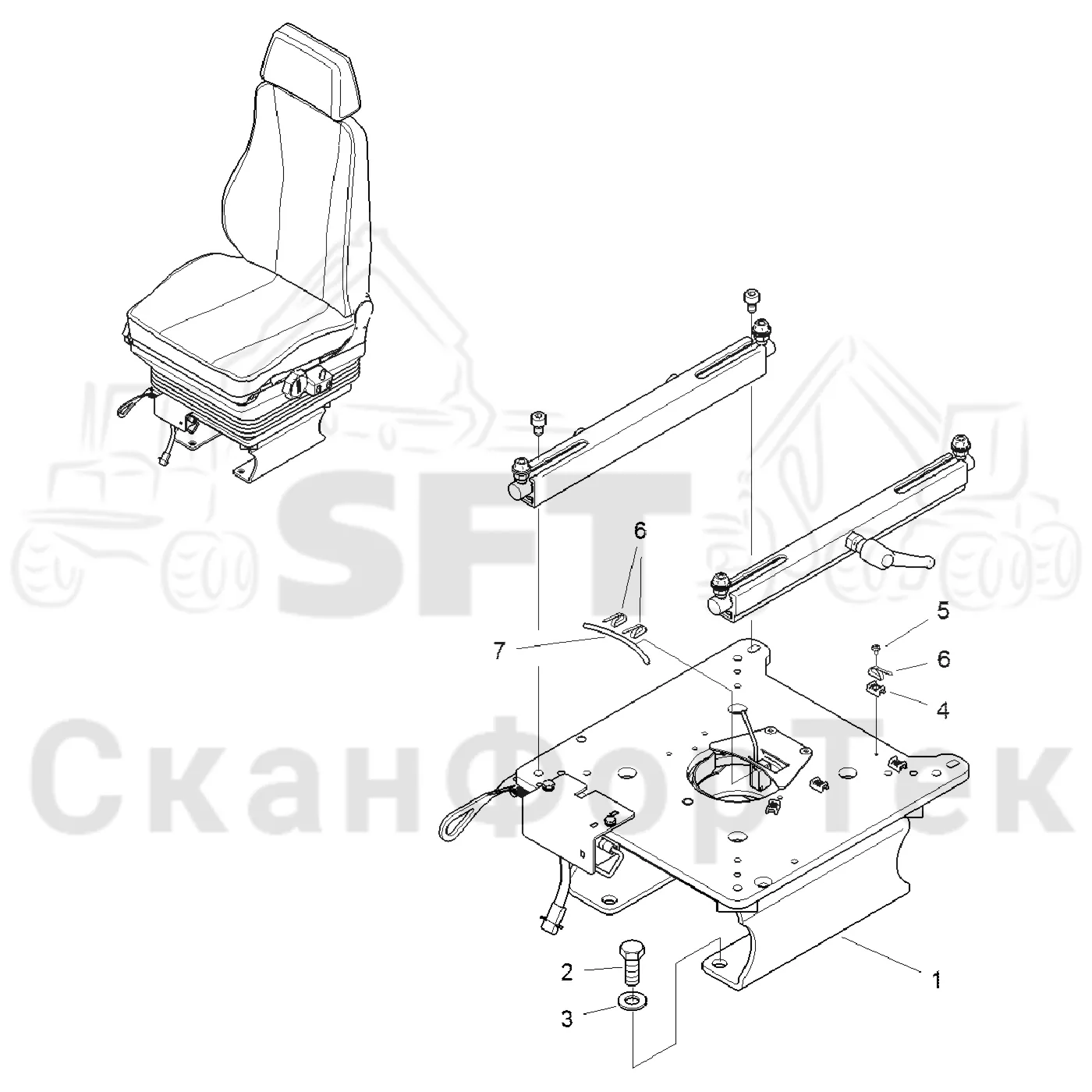 Схема: Komatsu / Форвардер / 845 / Каталог запасных частей / Кабина / Сиденья / Стойка сиденья / Стойка сиденья