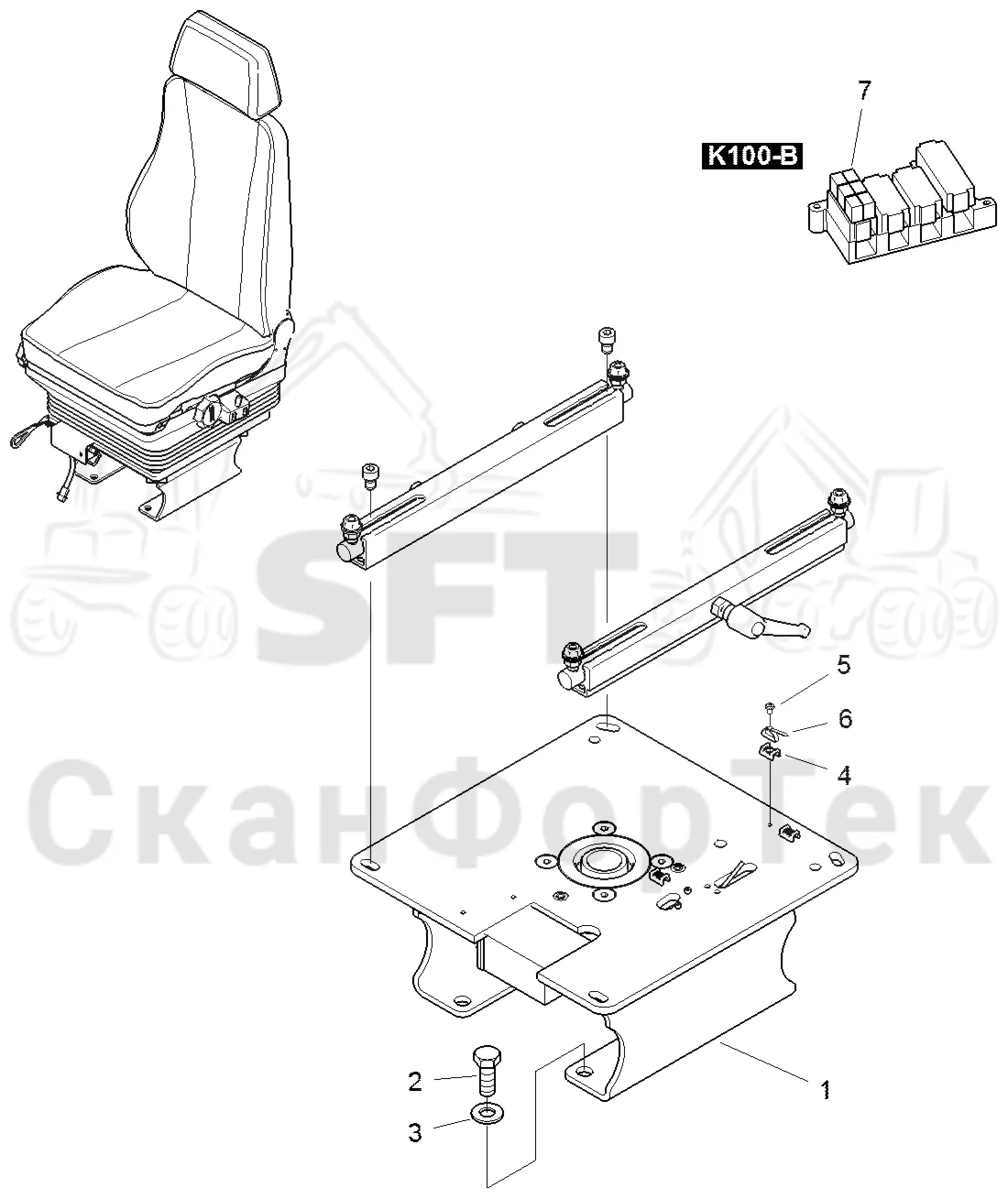 Схема: Komatsu / Форвардер / 845 / Каталог запасных частей / Кабина / Сиденья / Стойка сиденья / Стойка сиденья бесступенчатый поворотный