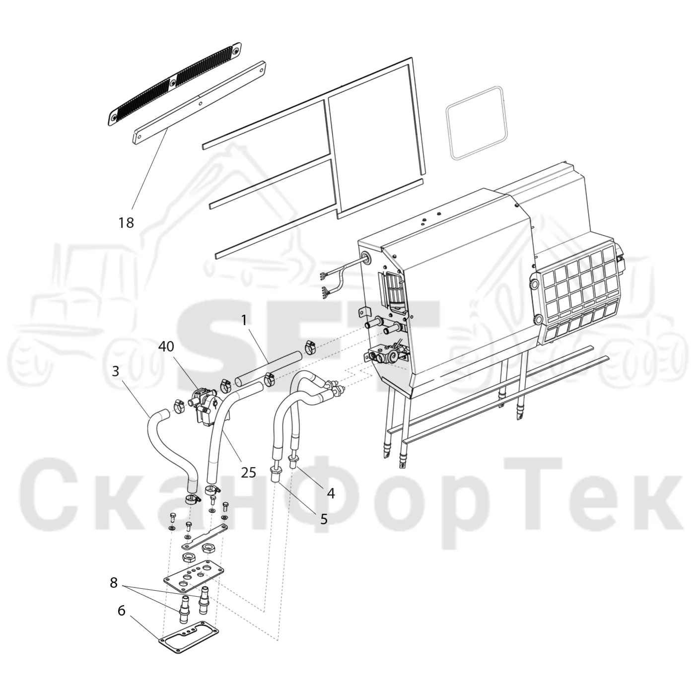 Схема: Komatsu / Форвардер / 865 / Каталог запасных частей / Кабина / Система обогрева и охлаждения / Агрегат кондиционирования воздуха / AC-Heater Installation