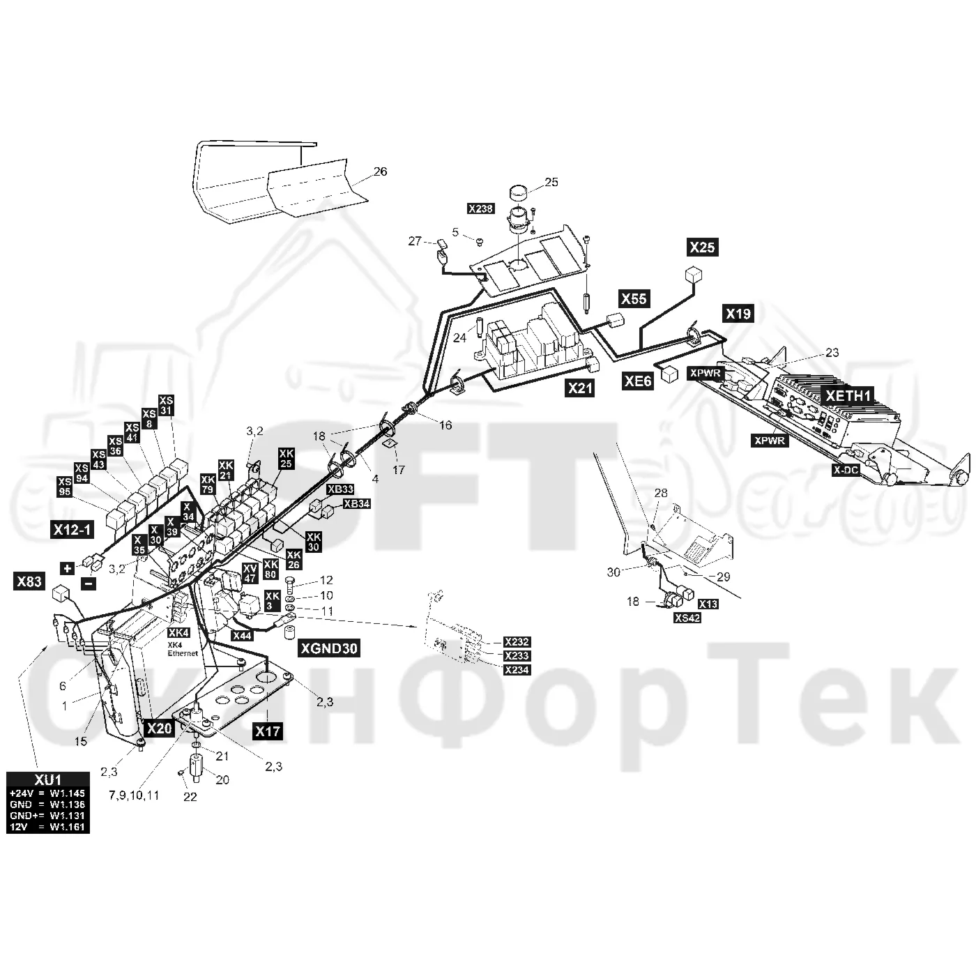 Схема: Komatsu / Форвардер / 895 / Каталог запасных частей / Кабина / Электрический / Комплект электрооборудования кабины / Комплект электрооборудования кабины -8950000450