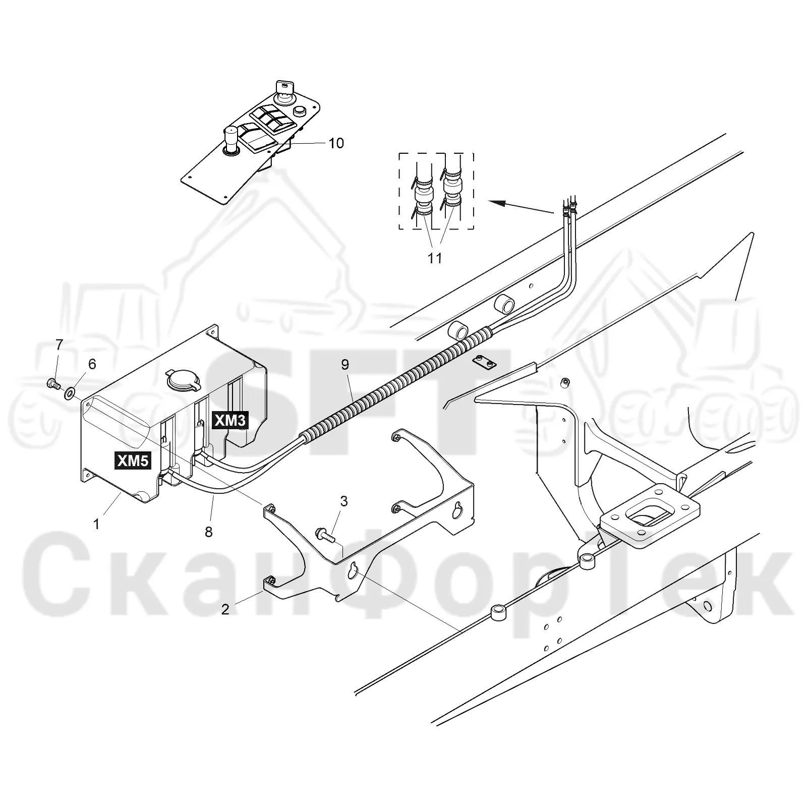 Схема: Komatsu / Форвардер / 895 / Каталог запасных частей / Кабина / Рабочие лампы и стеклоочиститель / Стеклоочиститель 8950000242- / Стеклоомыватель Comfort Ride