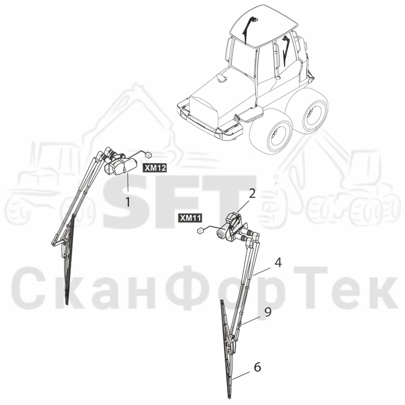 Схема: Komatsu / Форвардер / 855.1 / 855.1 / Каталог запасных частей / Кабина / Рабочие лампы и стеклоочиститель / Стеклоочиститель / Движок