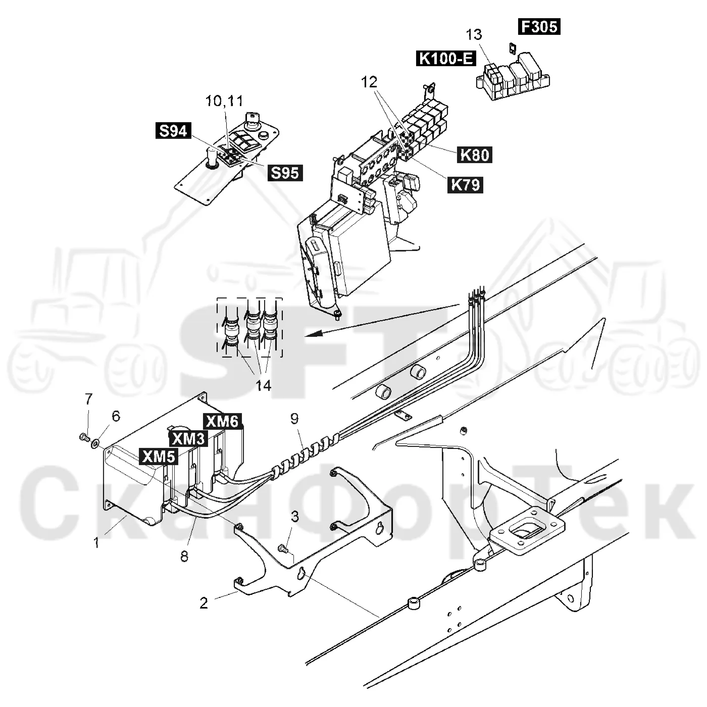 Схема: Komatsu / Форвардер / 895 / Каталог запасных частей / Кабина / Рабочие лампы и стеклоочиститель / Стеклоочиститель 8950000242- / Стеклоомыватель с Движок Comfort Ride