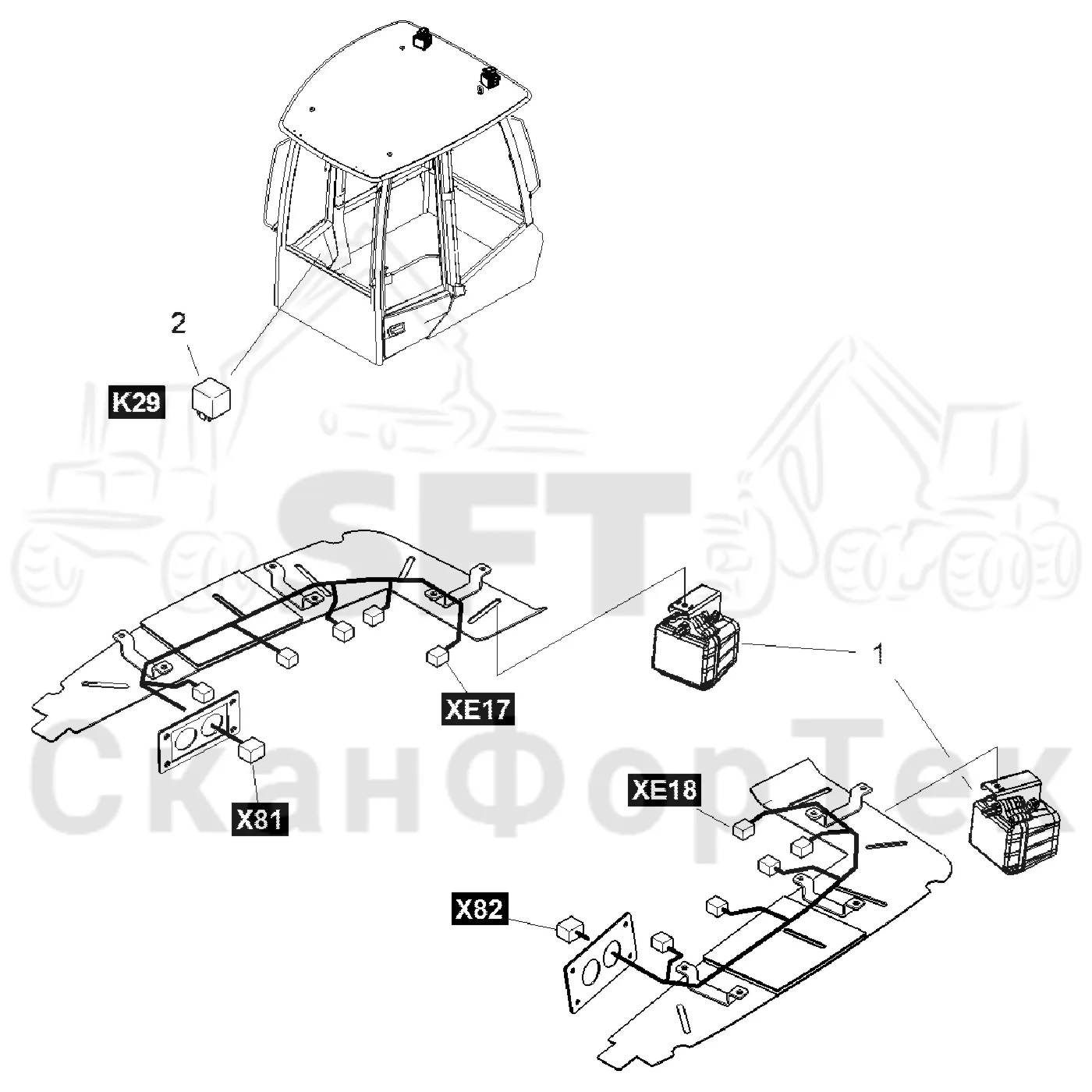 Схема: Komatsu / Форвардер / 855 / Каталог запасных частей / Кабина / Рабочие лампы и стеклоочиститель / Рабочие лампы, ксеноновые / Рабочие лампы, ксеноновые
