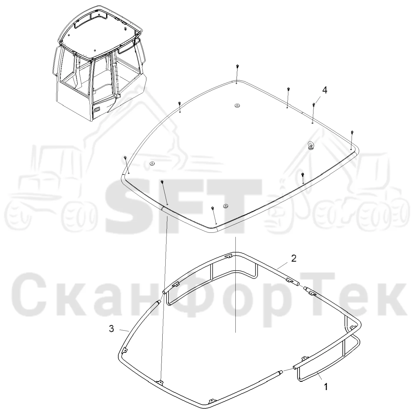 Схема: Komatsu / Форвардер / 855 / Каталог запасных частей / Кабина / Рабочие лампы и стеклоочиститель / защита / Защита  -8550011010