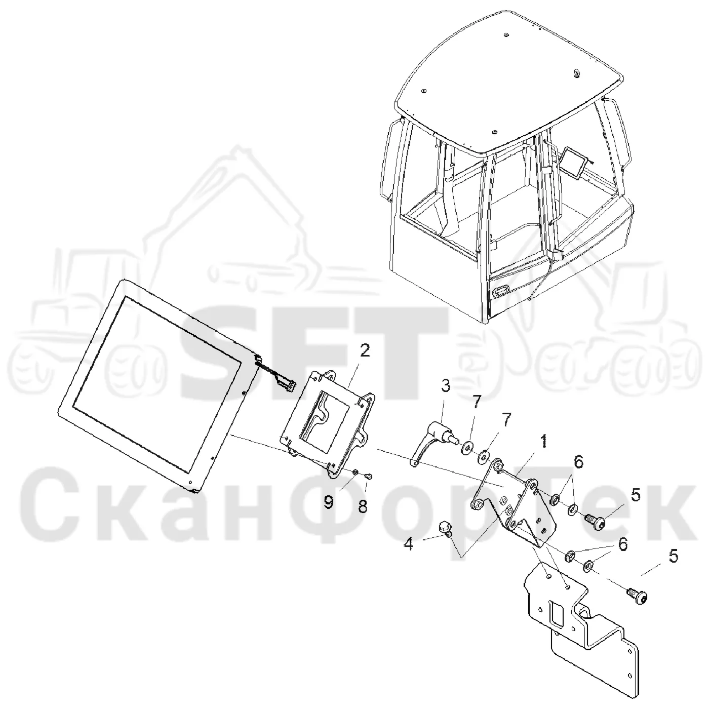 Схема: Komatsu / Форвардер / 835 / Каталог запасных частей / Система управления / Компьютеры / Mounting display / Монтаж Компьютер Дисплей