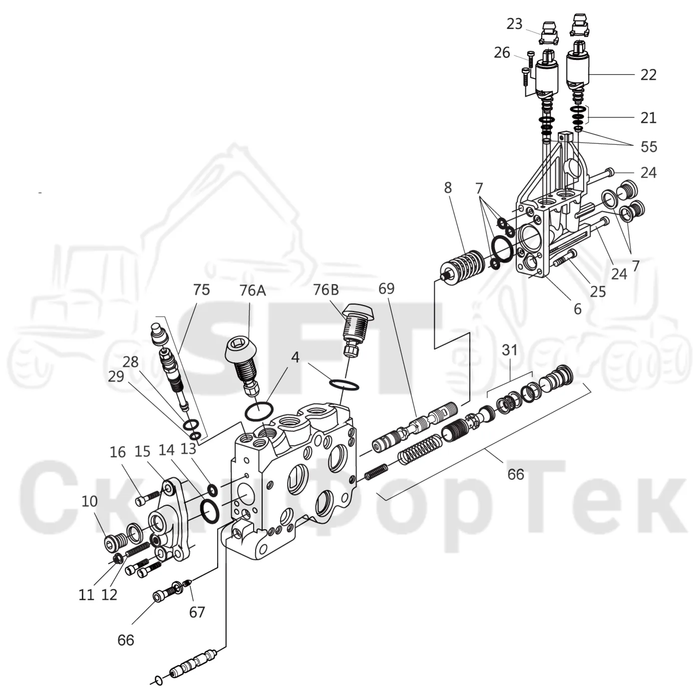 Схема: Komatsu / Форвардер / 855.1 / 855.1 / Каталог запасных частей / Гидравлика / Клапан шасси / Секция клапана 8550011011- / Секция клапана L90