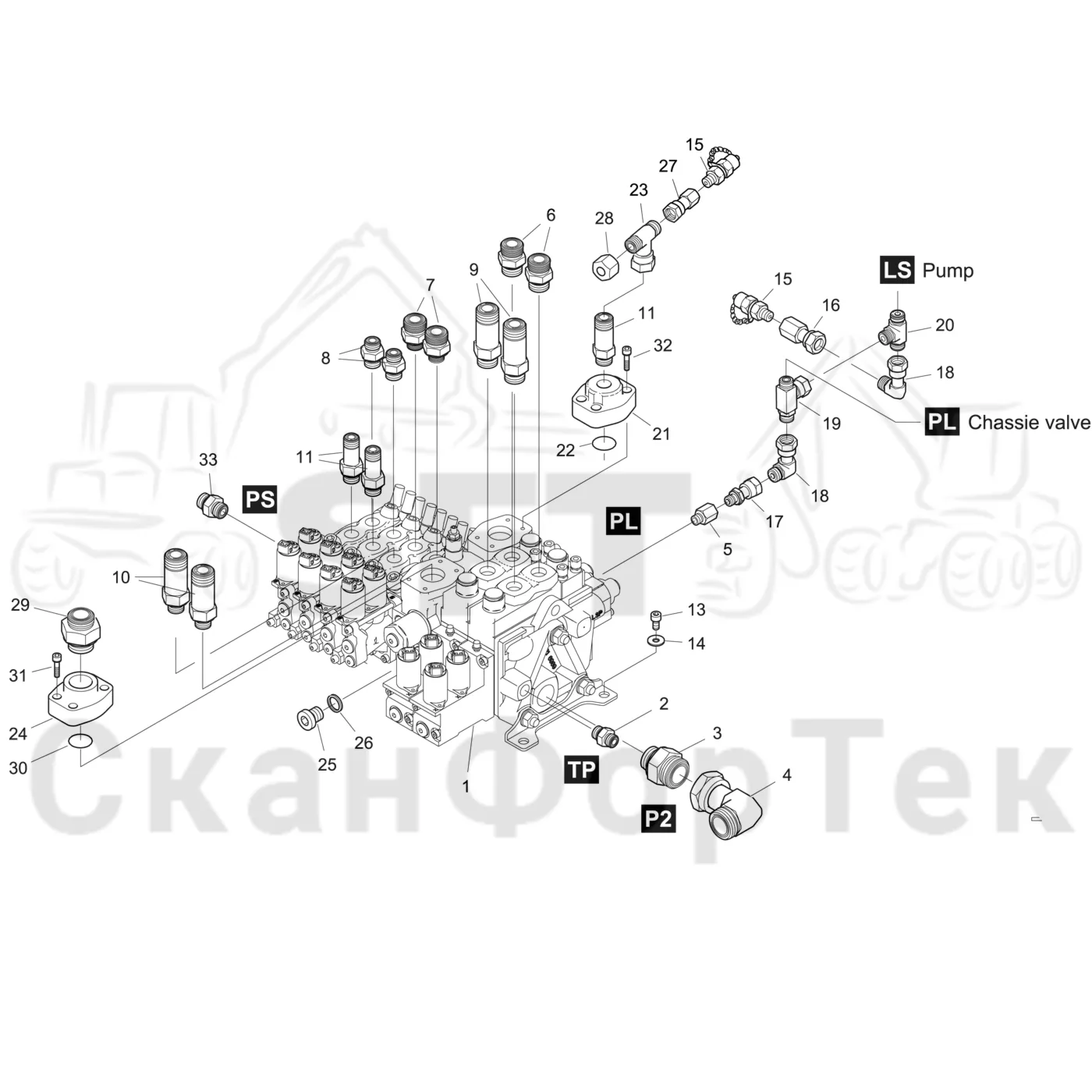 Схема: Komatsu / Форвардер / 865 / Каталог запасных частей / Гидравлика / Клапан подъемного крана / CRF 11 / Узел клапана