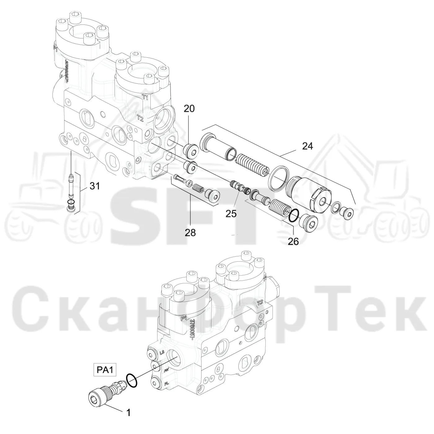Схема: Komatsu / Форвардер / 855 / Каталог запасных частей / Гидравлика / Клапан подъемного крана / CRF 11 / Впускной - выпускной L90/K220