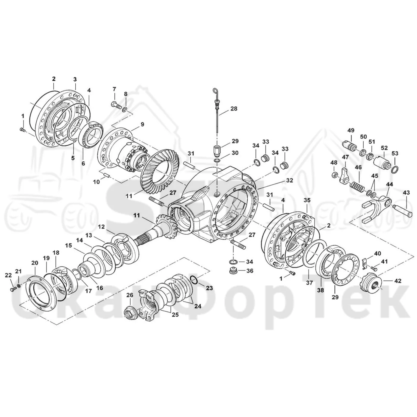 Схема: Komatsu / Форвардер / 865 / Каталог запасных частей / Коробка передач / Мост каретки / каретки / Дифференциал