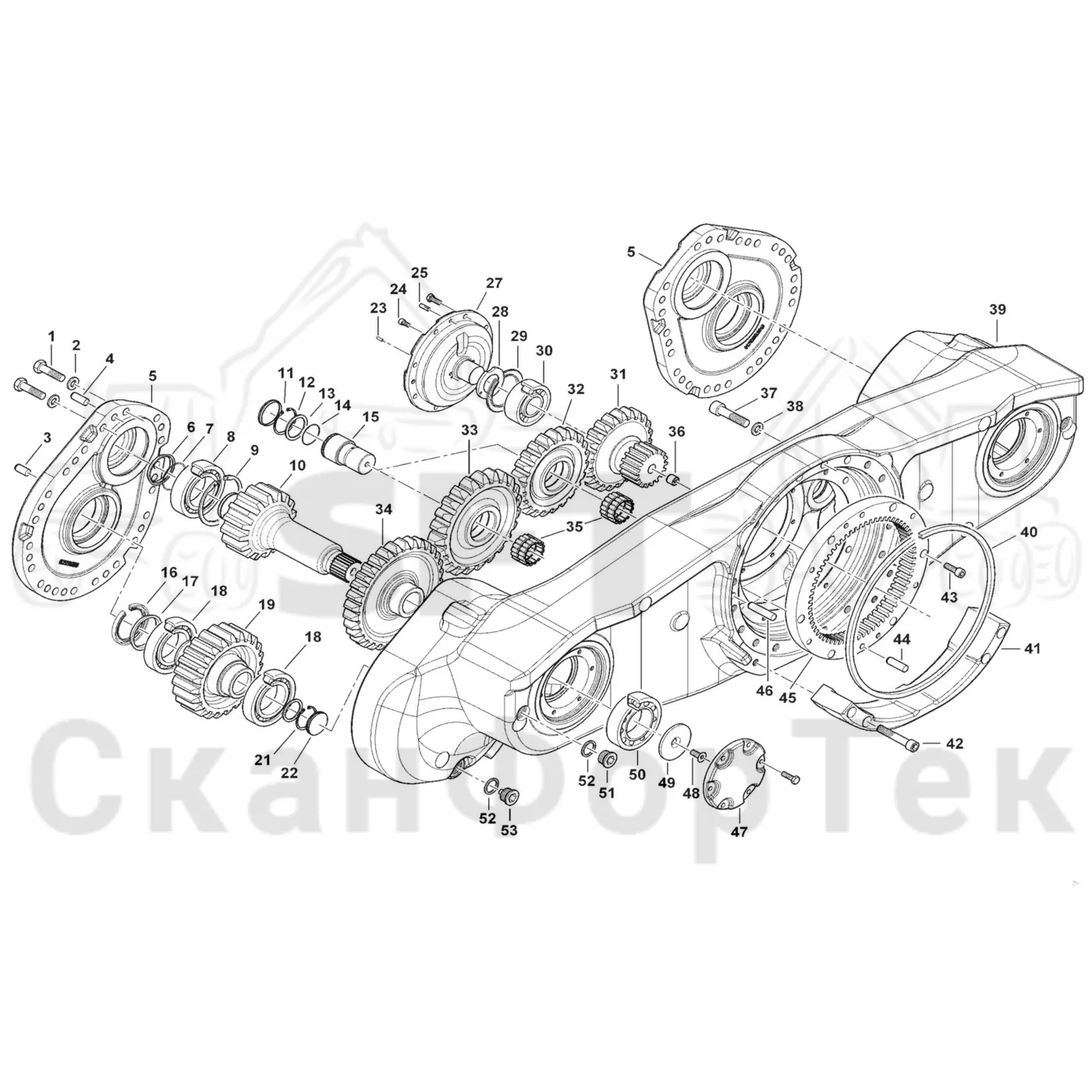 Схема: Komatsu / Форвардер / 865 / Каталог запасных частей / Коробка передач / Мост каретки / каретки / Корпус каретки