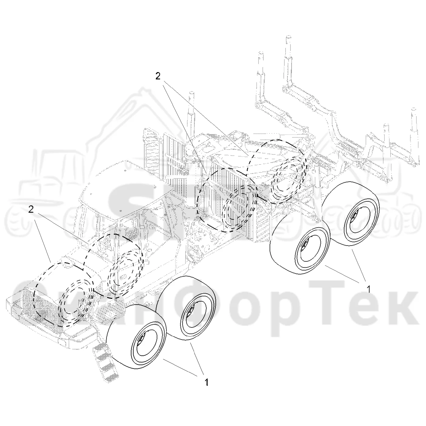 Схема: Komatsu / Форвардер / 865 / Каталог запасных частей / Коробка передач / Оборудование шин / колесо Nokian / Nokian, 710/45-26,5 Forest King F SF
