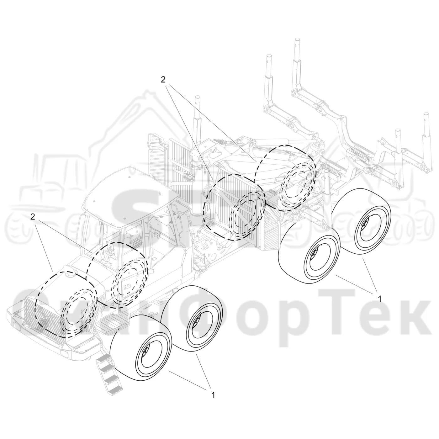 Схема: Komatsu / Форвардер / 875 S/N 8750000010- / Каталог запасных частей / Коробка передач / Оборудование шин / колесо Nokian / Nokian, 800/40-26,5 FKF