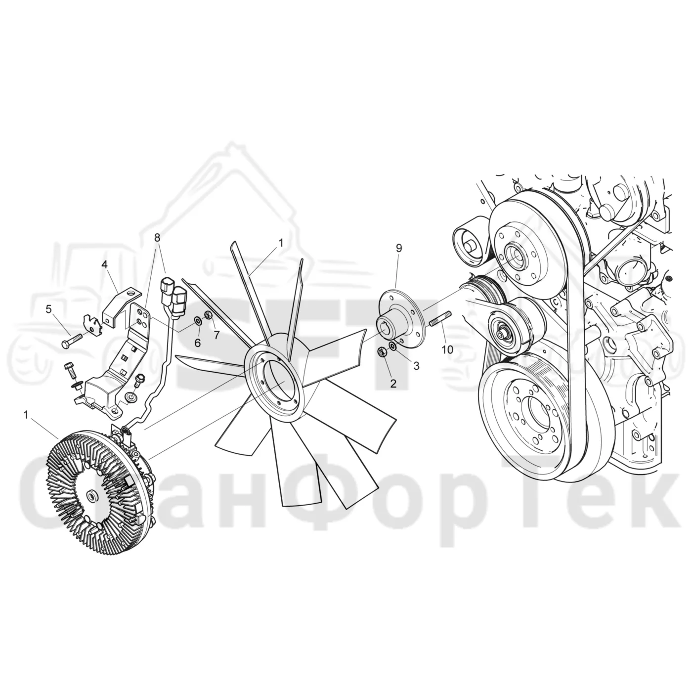 Схема: Komatsu / Форвардер / 895 / Каталог запасных частей / Двигатель / Stage 2 / TIER 2 / Система охлаждения / Вентилятор 32"