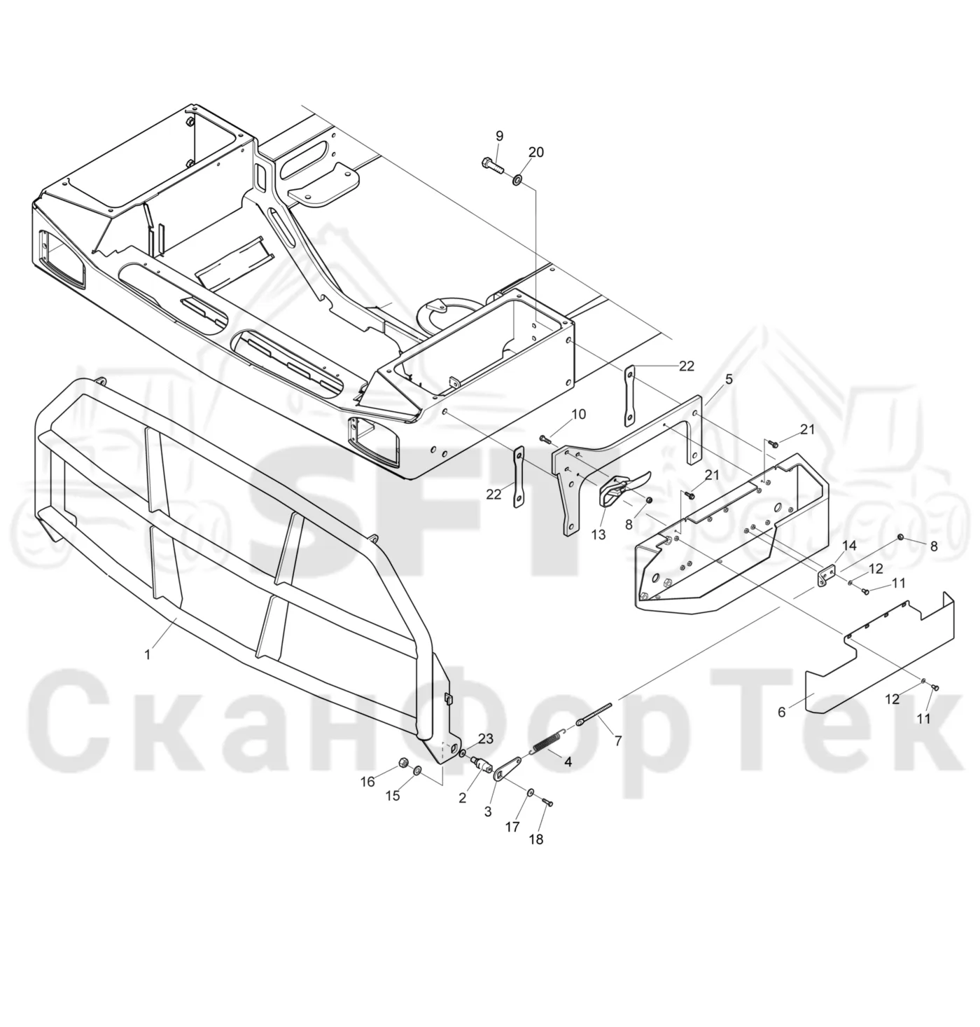 Схема: Komatsu / Форвардер / 895 / Каталог запасных частей / шасси / Капоты и крышки / Капот двигателя Крышка / Капот двигателя Крышка Защита