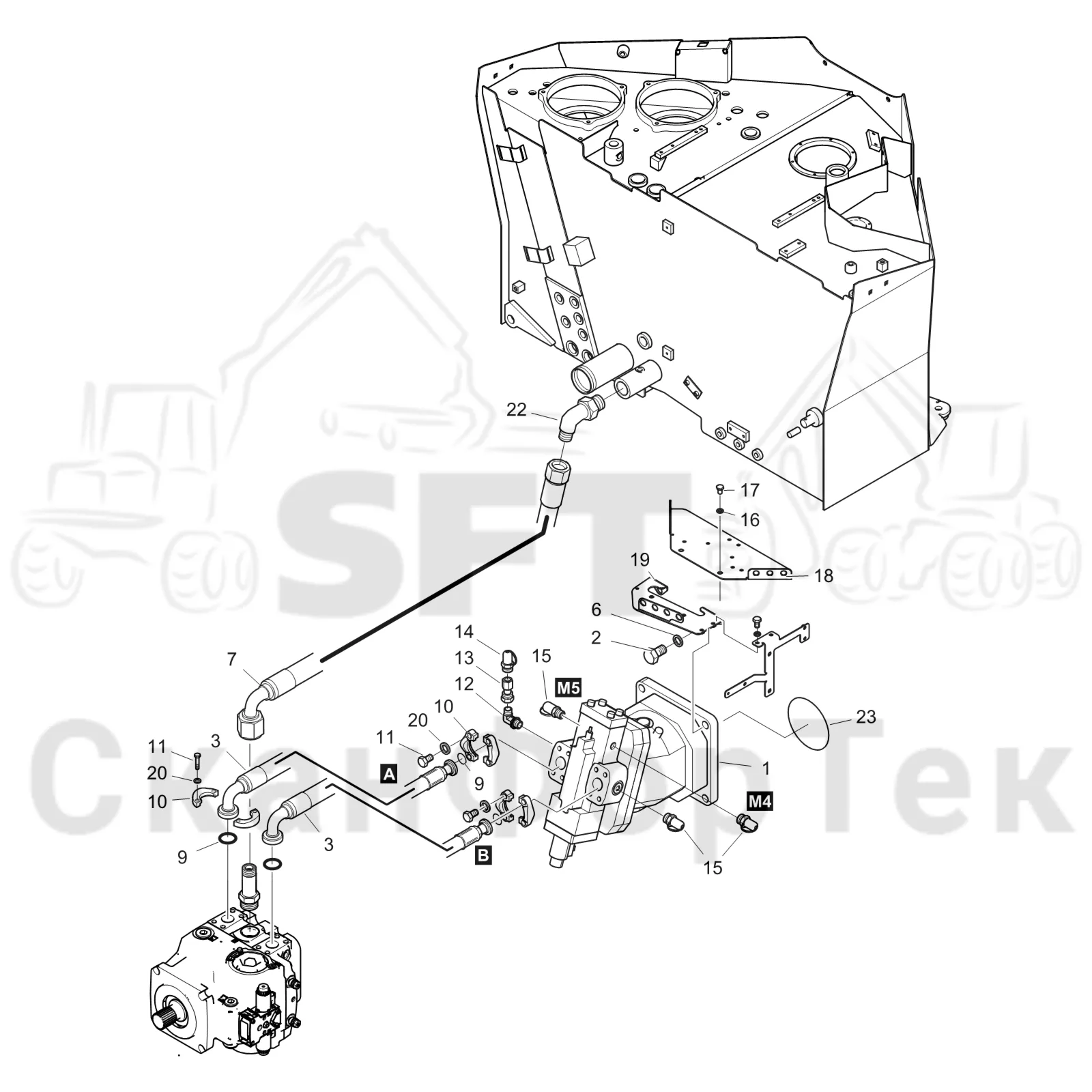 Схема: Komatsu / Форвардер / 895 / Каталог запасных частей / Коробка передач / Подвод гидростатического шланга Comfort Ride / Подвод гидростатического шланга Comfort Ride 8950000570- / Подвод гидростатического шланга Comfort Ride 8950000279-