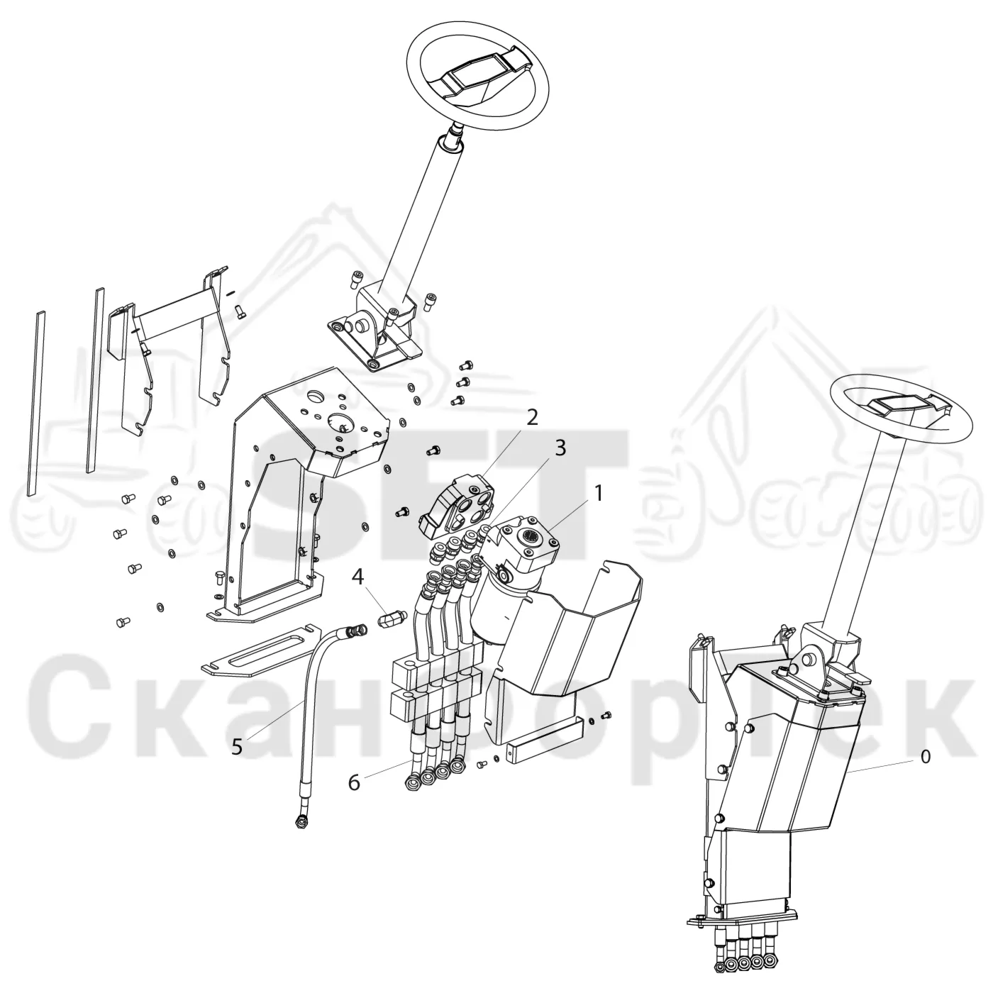 Схема: Komatsu / Форвардер / 895 S/N 8950011010- / Каталог запасных частей / Рулевое управление / Рулевое управление с системой Orbitrol / Рулевой кронштейн / Рулевое управление Orbitrol