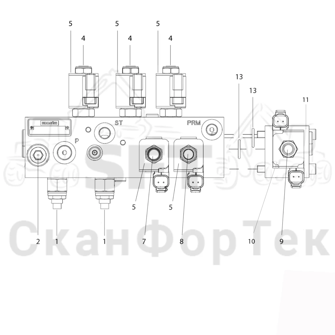Схема: Komatsu / Форвардер / 895 / Каталог запасных частей / Гидравлика / Клапан обслуживания / Клапан обслуживания ,Gate upper part / Запасные части клапана обслуживания