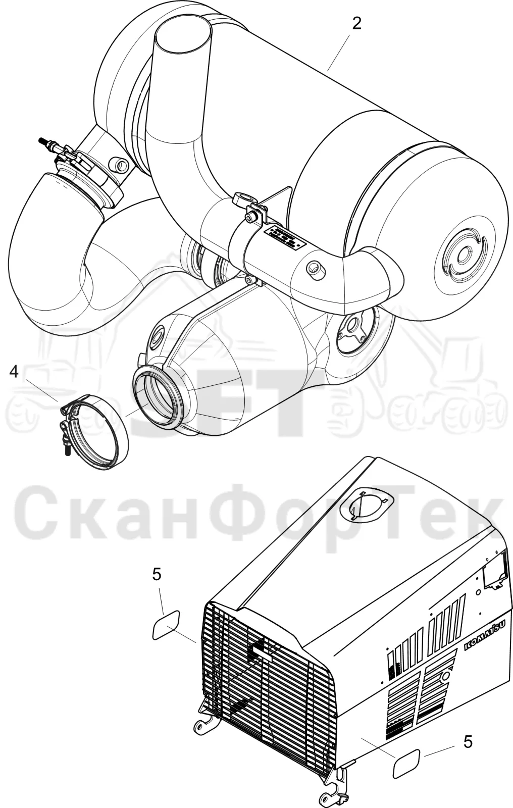 Схема: Komatsu / Форвардер / 845 / Каталог запасных частей / Двигатель / Впуск - выпуск / Выхлопная система / Выхлопная система