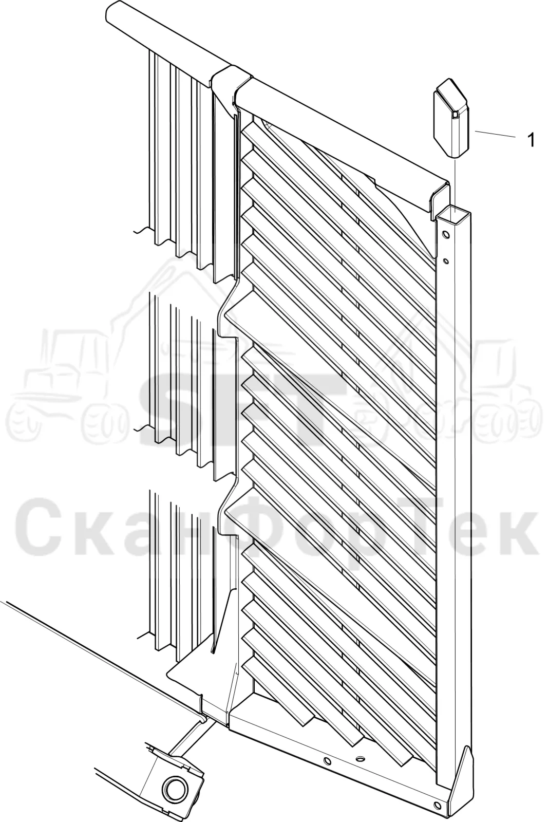 Схема: Komatsu / Форвардер / 875 S/N 8750000010- / Каталог запасных частей / шасси / Зона погрузки / Опора подъемного крана с полным приводом и защитный / защита