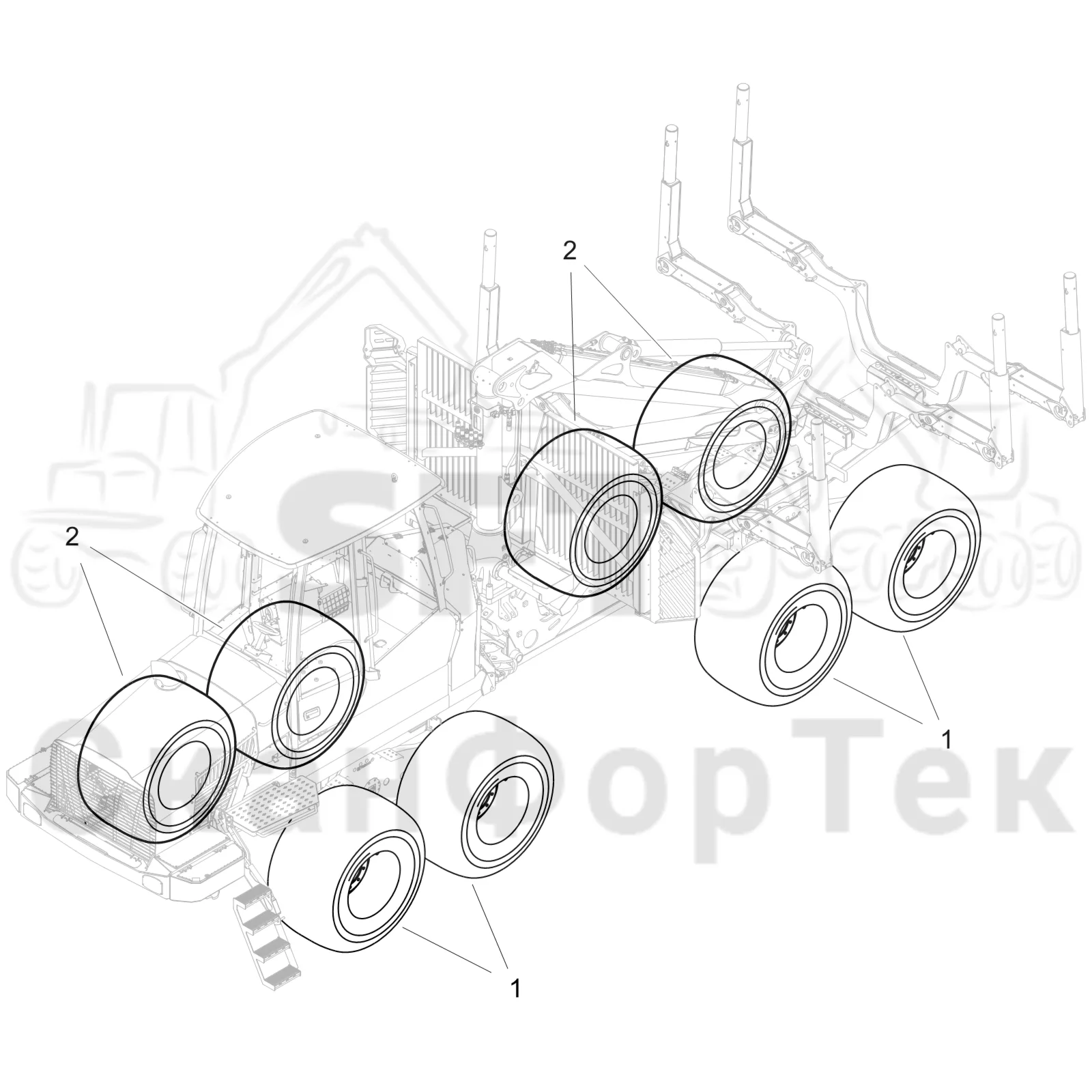 Схема: Komatsu / Форвардер / 835 / Каталог запасных частей / Коробка передач / Оборудование шин / колесо Nokian / Nokian, 710/40-24,5 20 Forest King F SF