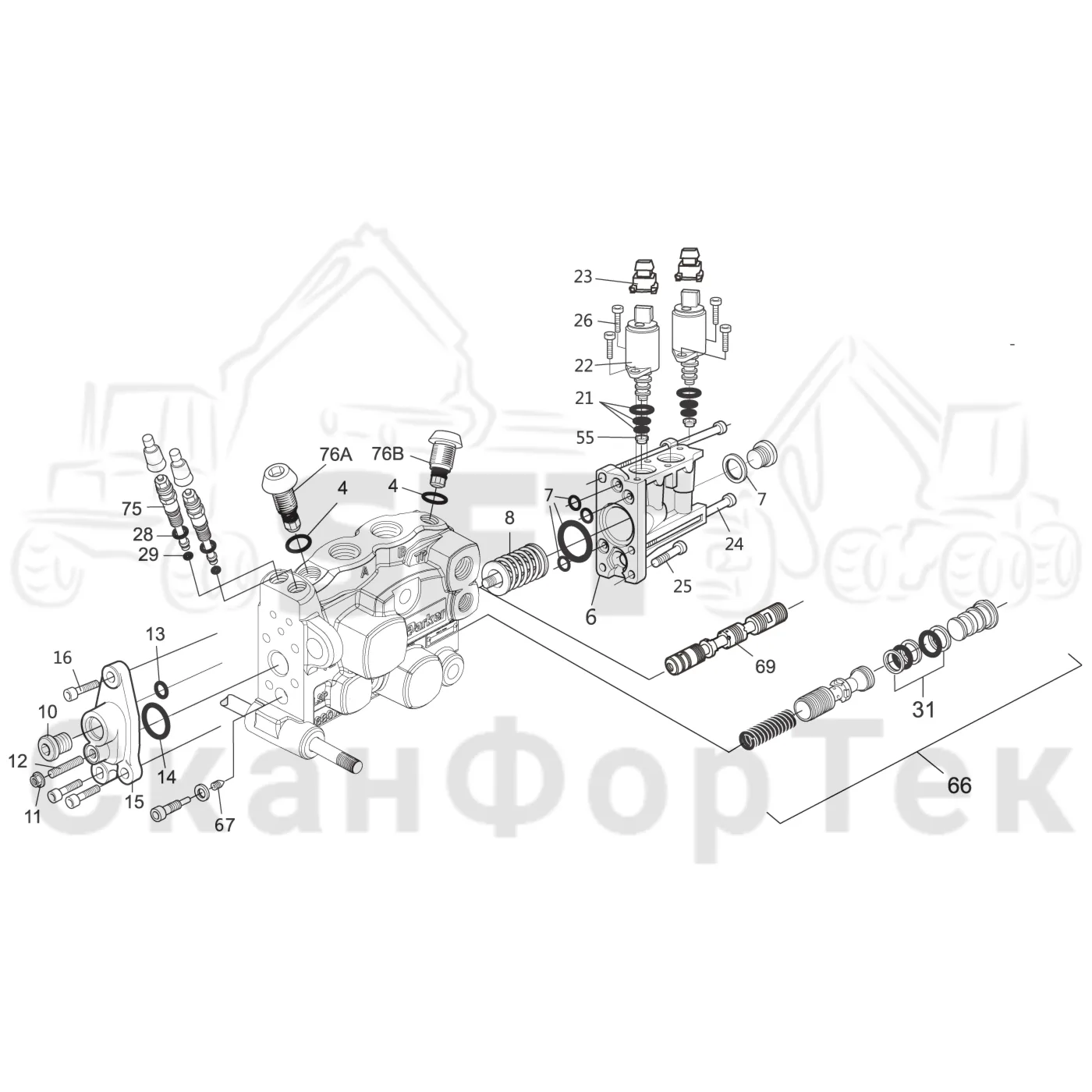 Схема: Komatsu / Форвардер / 835 / Каталог запасных частей / Гидравлика / Клапан шасси / Клапан 8350000251- / Секция клапана L90