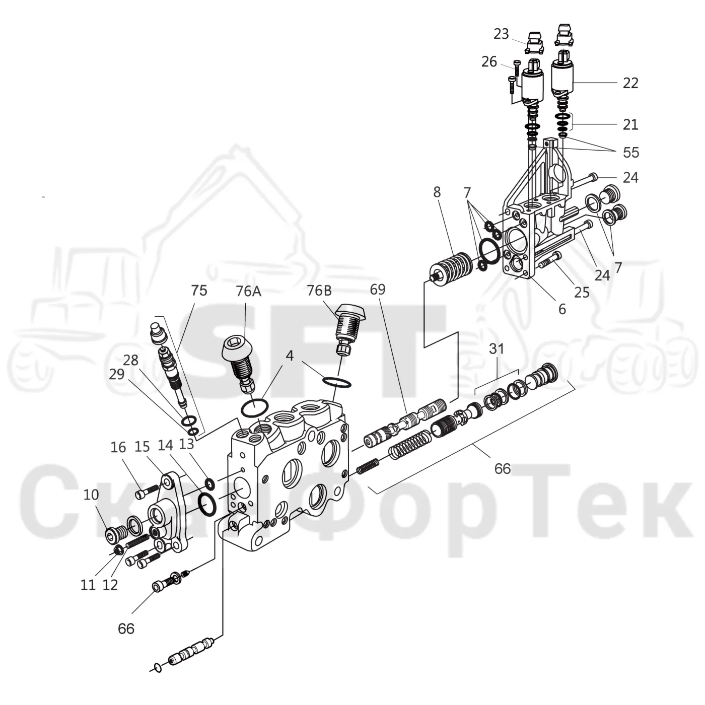 Схема: Komatsu / Форвардер / 835 / Каталог запасных частей / Гидравлика / Клапан шасси / Valve section moveable gate / Секция клапана L90