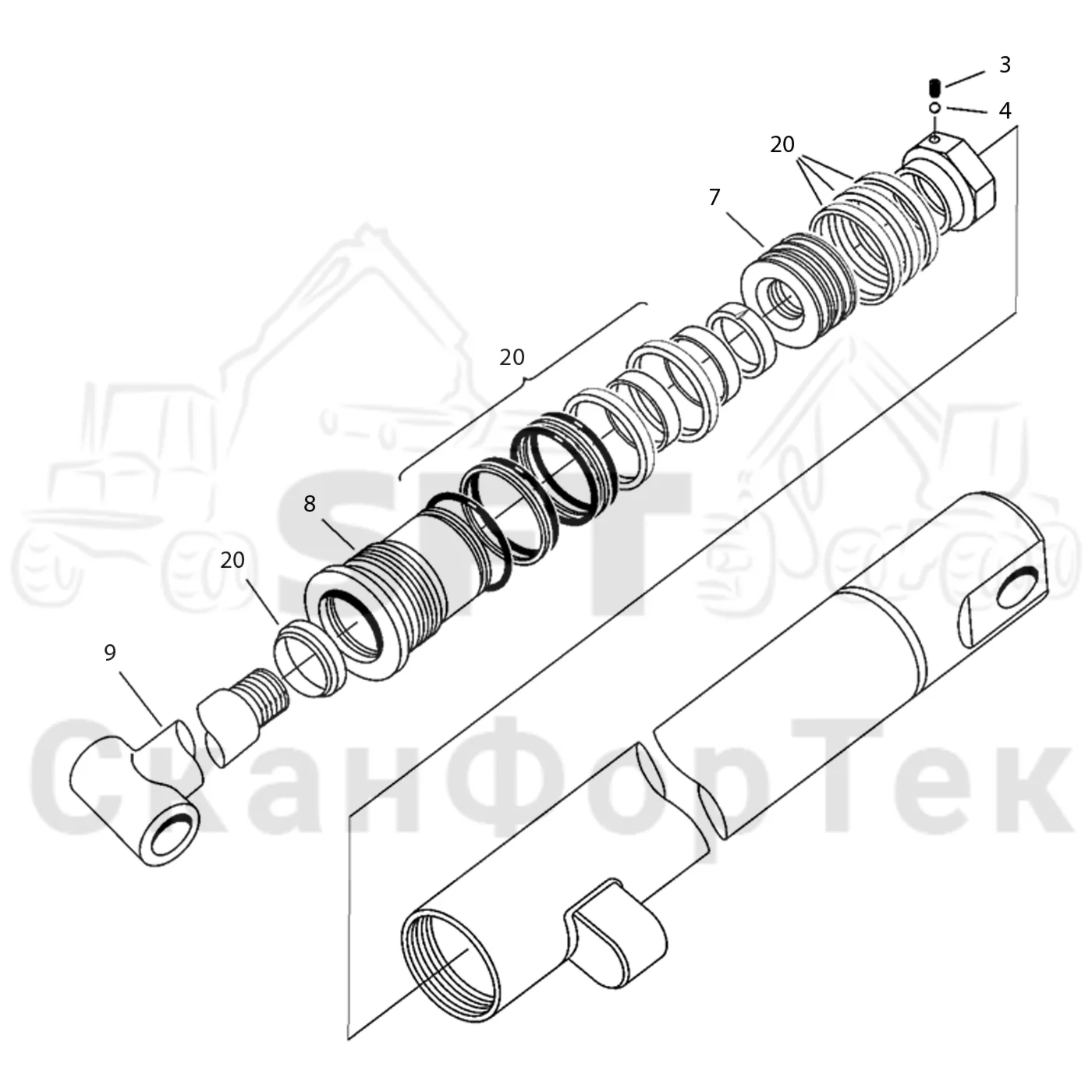 Схема: Komatsu / Форвардер / 875 S/N 8750000010- / Каталог запасных частей / Подъемный кран / Телескопический цилиндр / Телескопический цилиндр  130F Combi / Запасные части цилиндра