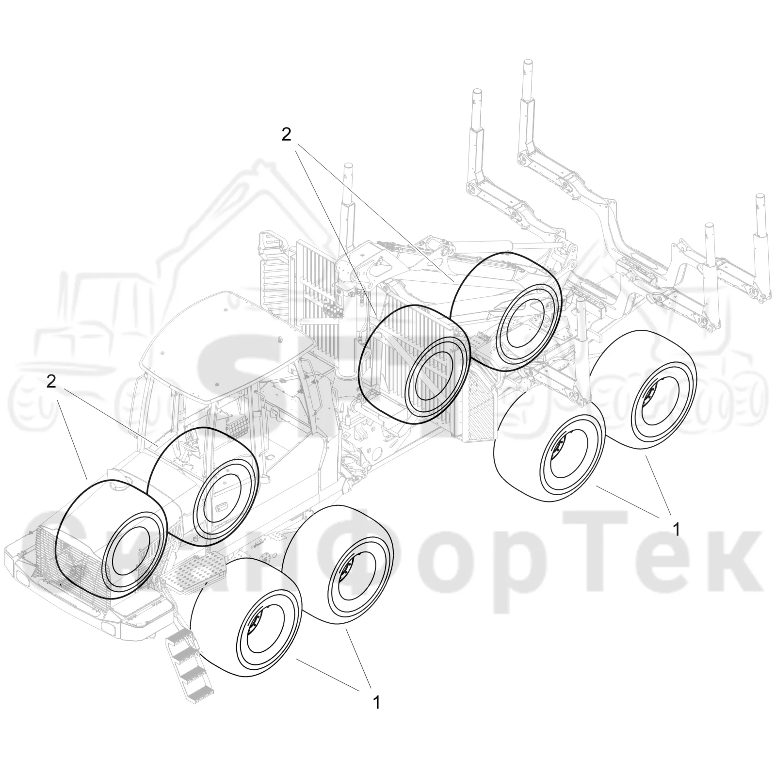 Схема: Komatsu / Форвардер / 845 / Каталог запасных частей / Коробка передач / Оборудование шин / колесо Nokian / Nokian, 710/45-26,5 Forest King F SF
