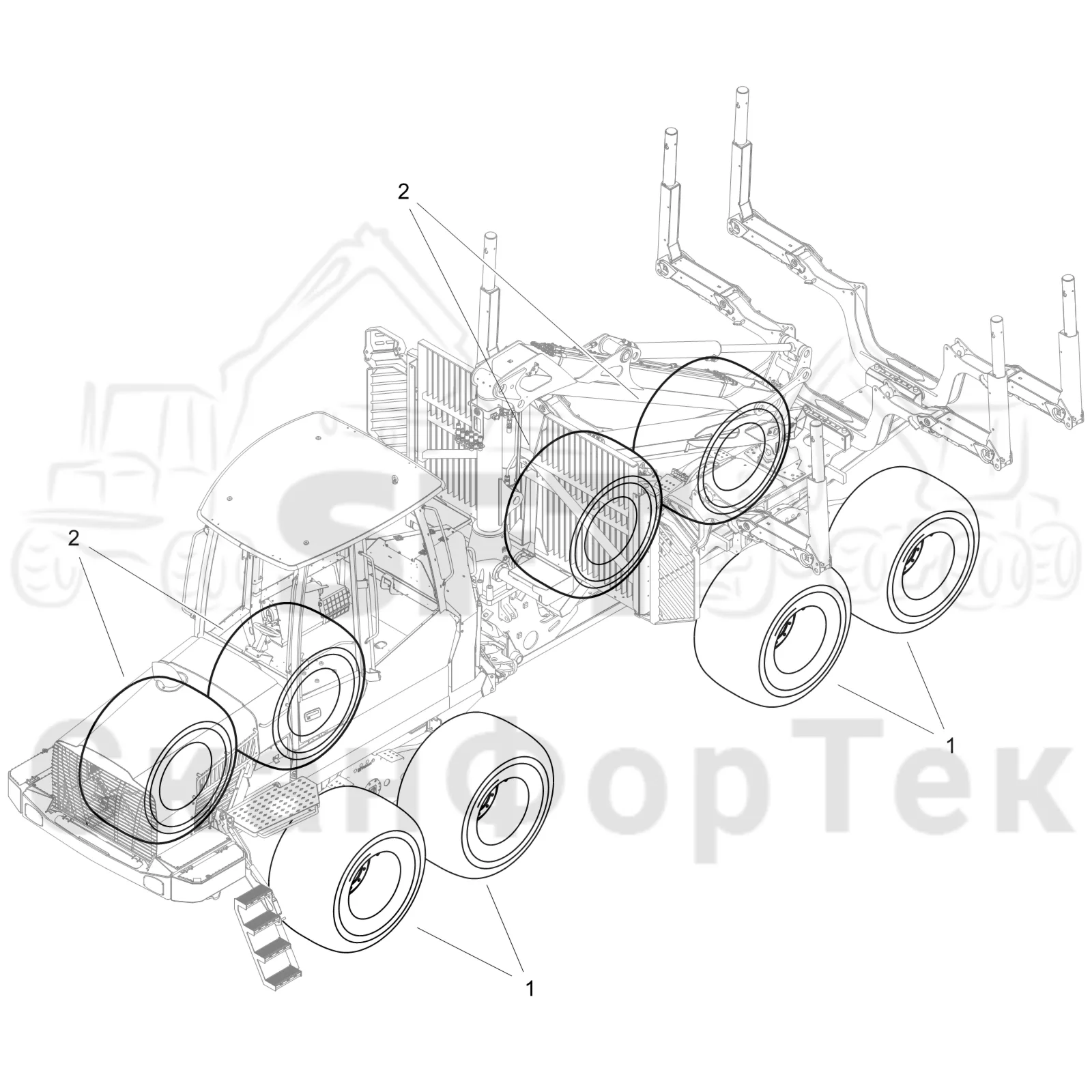 Схема: Komatsu / Форвардер / 845 / Каталог запасных частей / Коробка передач / Оборудование шин / колесо Nokian / Nokian, 800/40-26,5 FKF