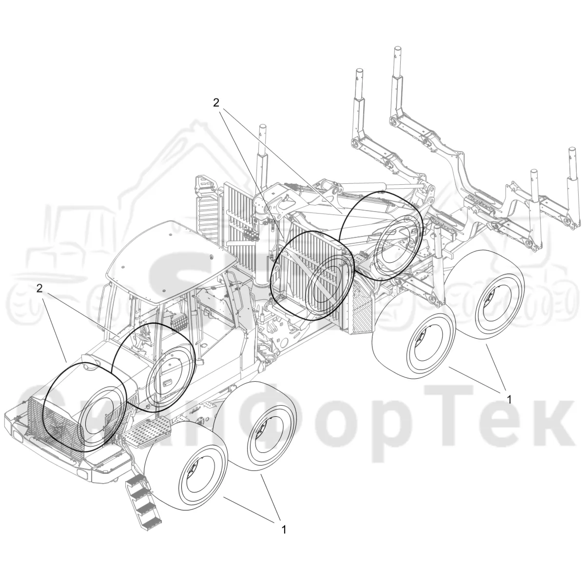 Схема: Komatsu / Форвардер / 845 / Каталог запасных частей / Коробка передач / Оборудование шин / колесо Nokian / Nokian, 800/40-26,5 FK TRS 2