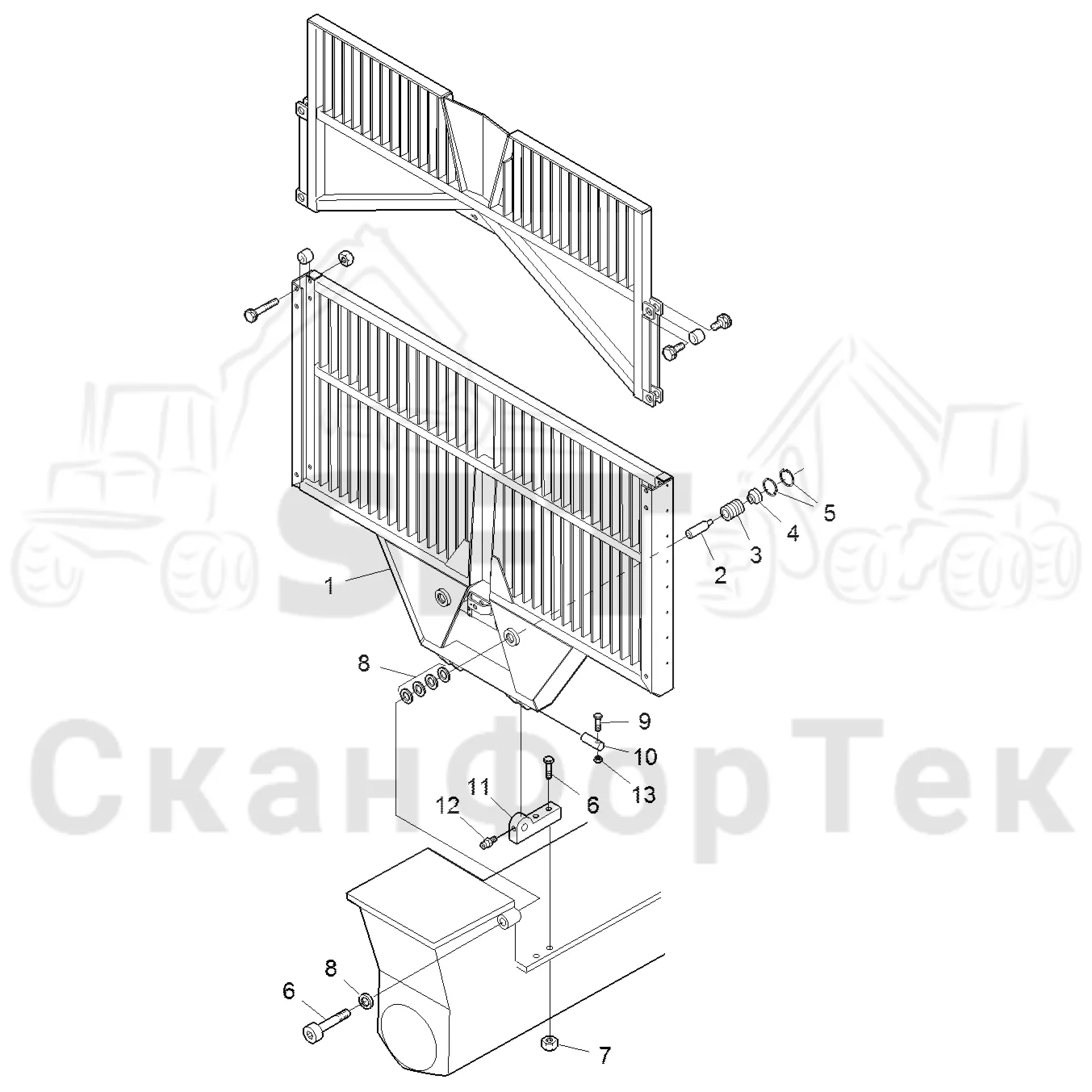 Схема: Komatsu / Форвардер / 855.1 / 855.1 / Каталог запасных частей / шасси / Зона погрузки / Заслонка, фиксированная