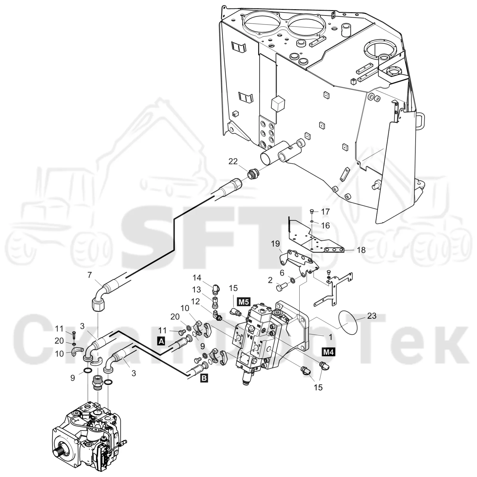 Схема: Komatsu / Форвардер / 855.1 / 855.1 / Каталог запасных частей / Коробка передач / Оборудование гидростатики / Подвод гидростатического шланга