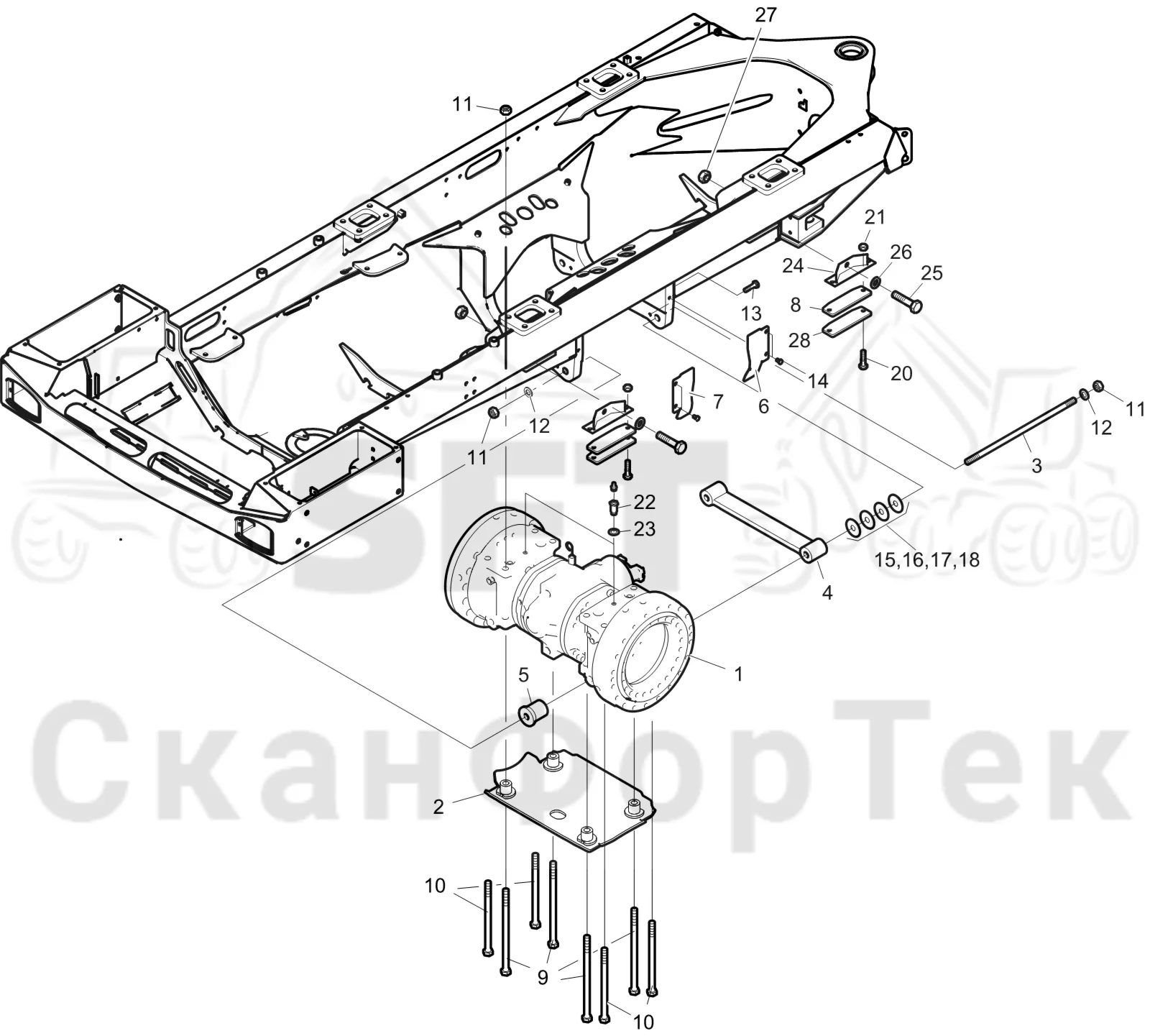 Схема: Komatsu / Форвардер / 855.1 / 855.1 / Каталог запасных частей / Коробка передач / Мост каретки / Передний агрегат каретки