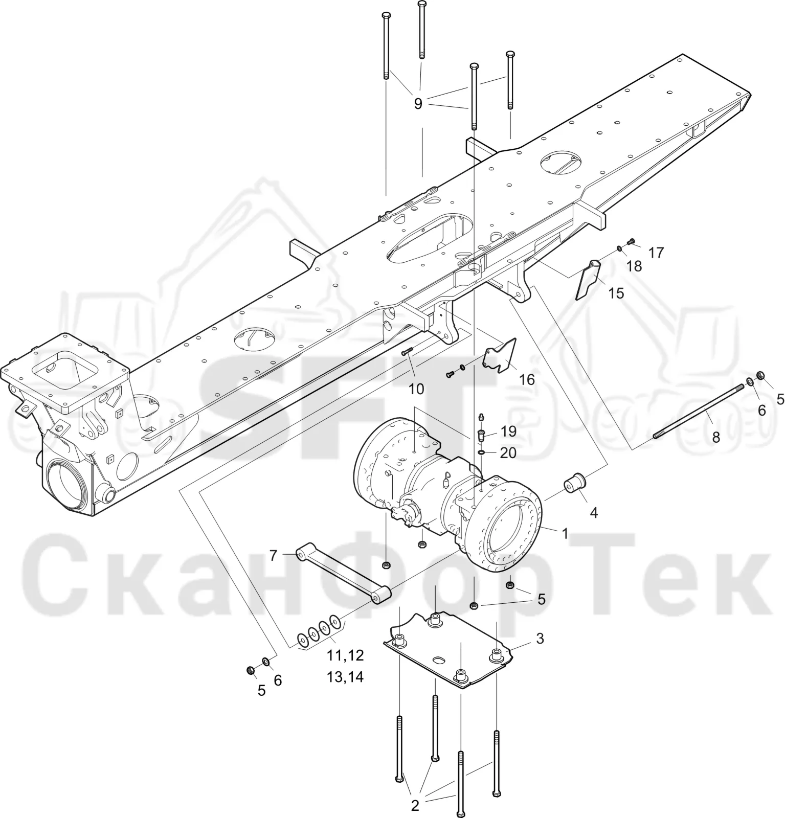 Схема: Komatsu / Форвардер / 855.1 / 855.1 / Каталог запасных частей / Коробка передач / Мост каретки / Задний агрегат каретки